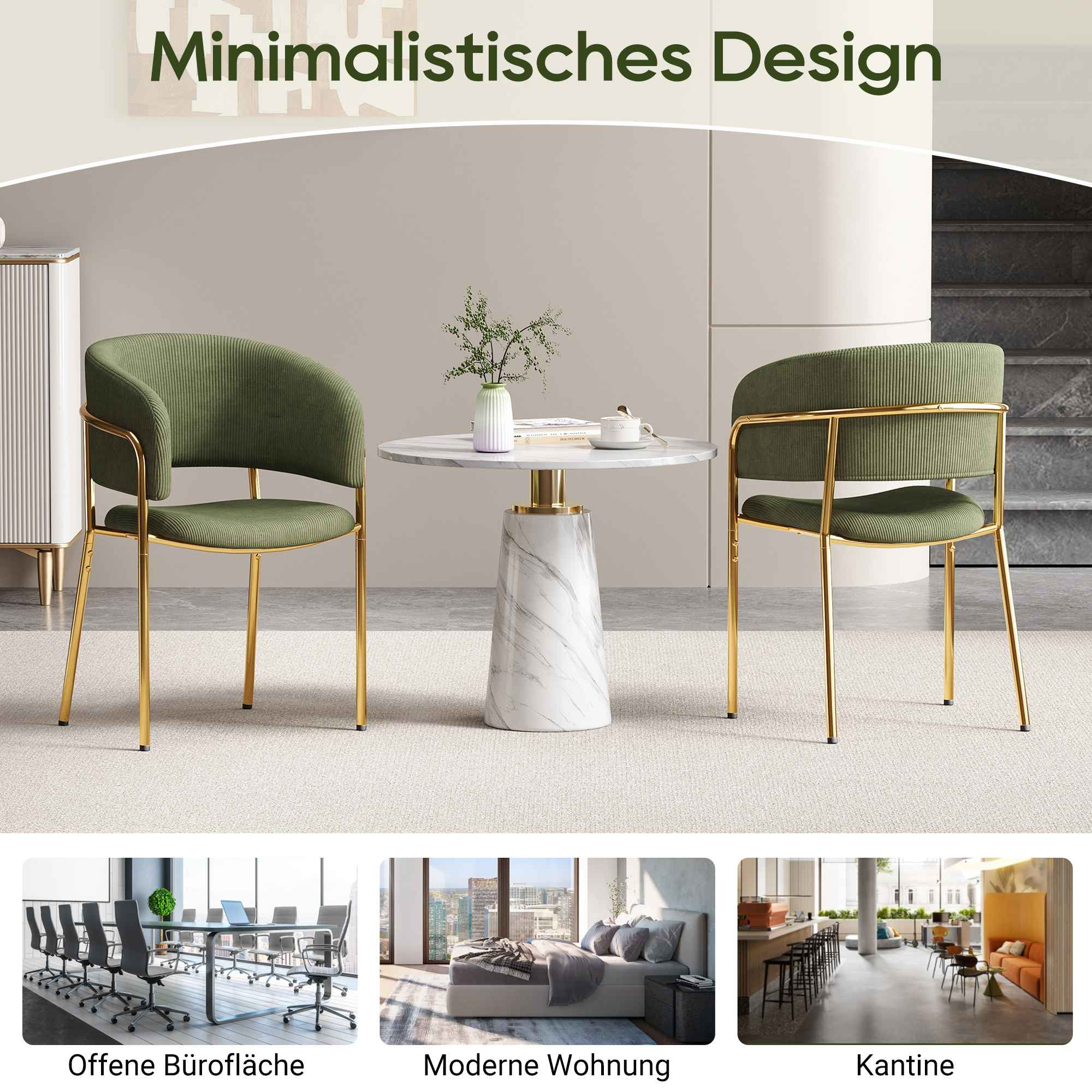Eine minimalistische Szene mit Stühlen, einem Tisch und Bildern von Büro, Schlafzimmer und Cafeteria.