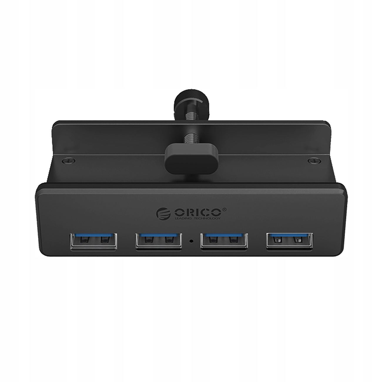 Czarny hub USB z czterema portami, śrubą i wspornikiem montażowym.
