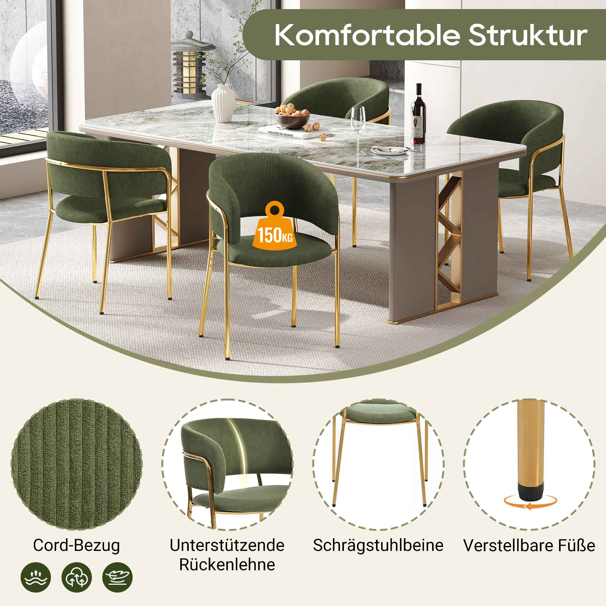 Essgruppe: Marmortisch, grüne Stühle mit goldenen Beinen, Weinflasche und Hintergrunddetails.