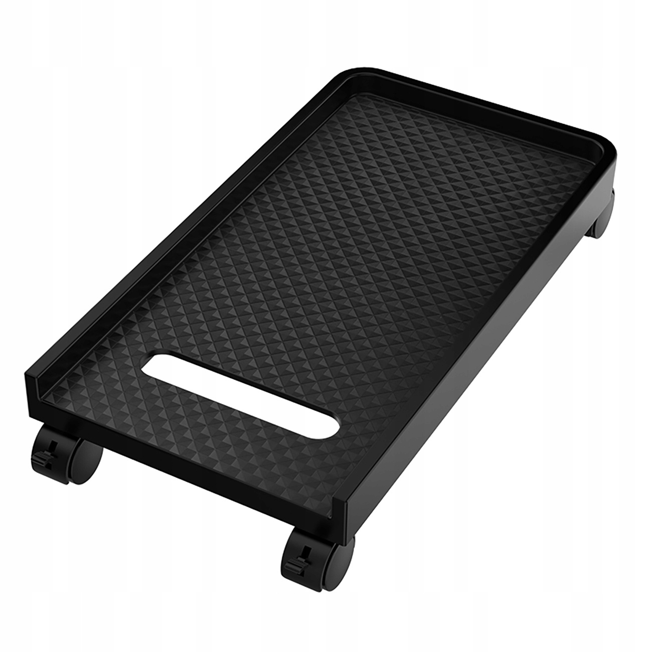 Czarny stojak z kółkami, z rombowym wzorem.