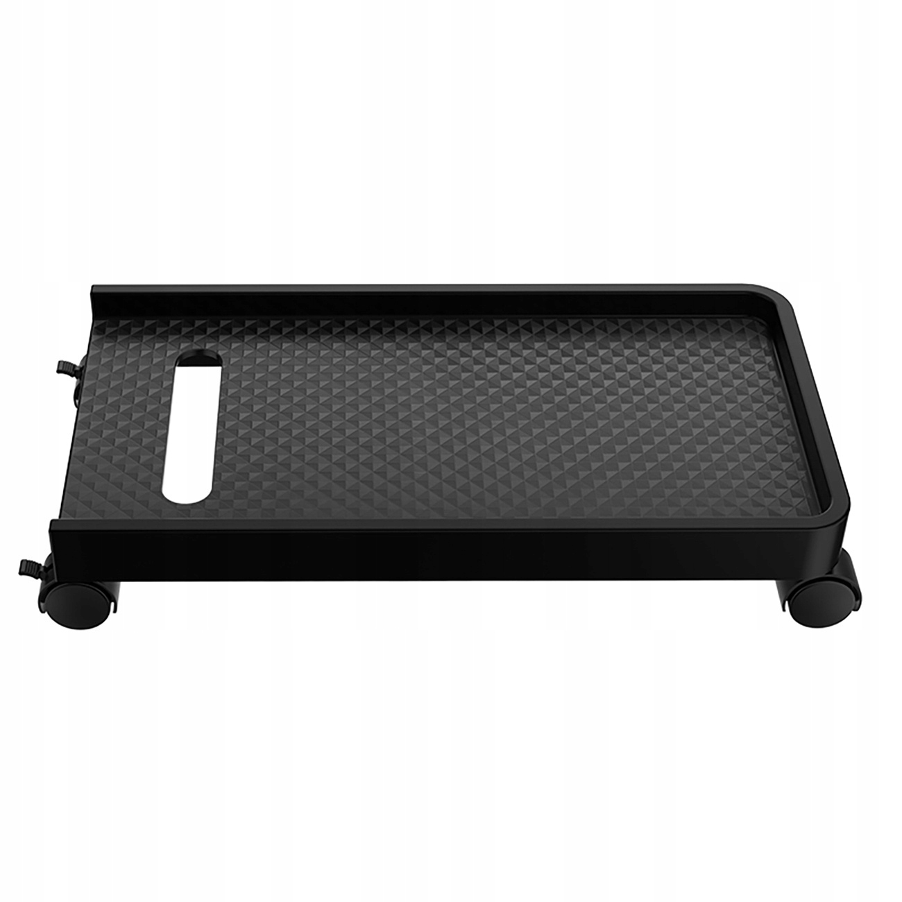 Czarna podstawka pod komputer z kółkami, teksturowaną powierzchnią i szczeliną, odizolowana na białym tle.