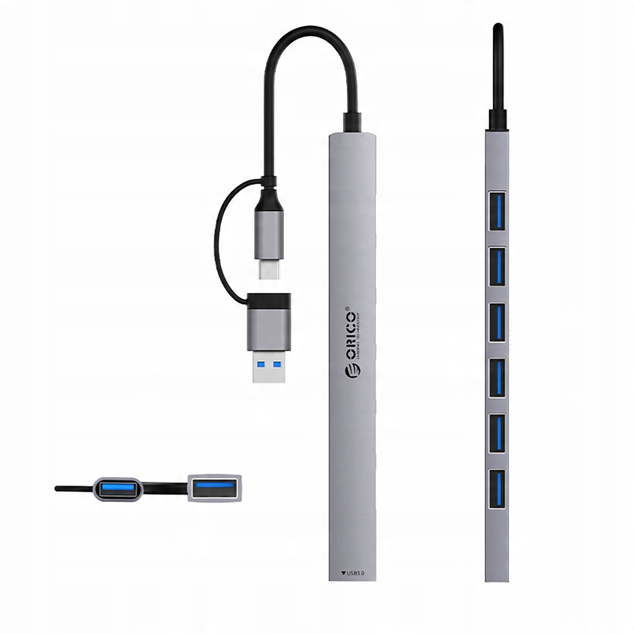 Srebrny hub USB z wieloma portami USB i złączem USB-C. Białe tło.