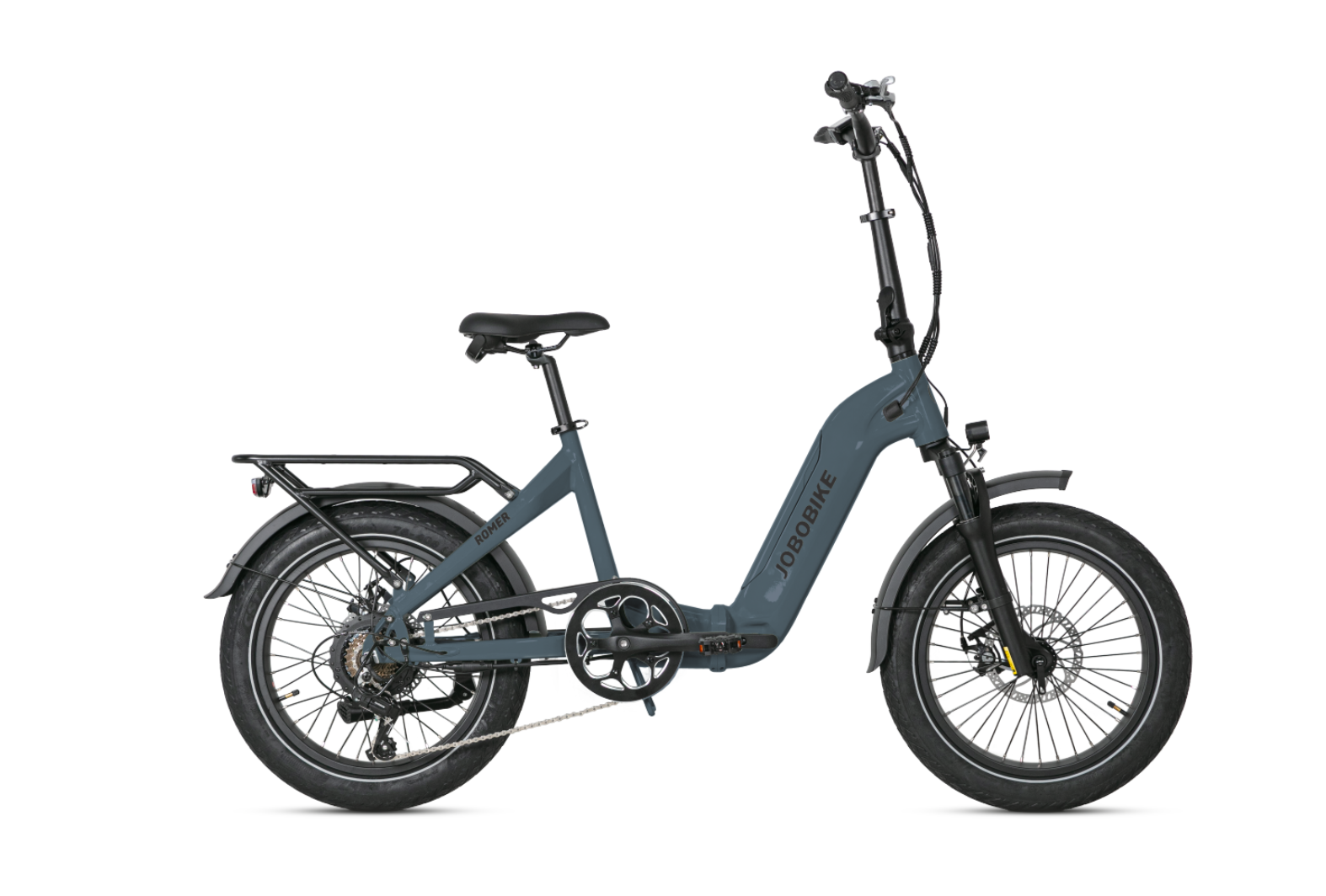 Szary rower elektryczny Jobobike na białym tle.