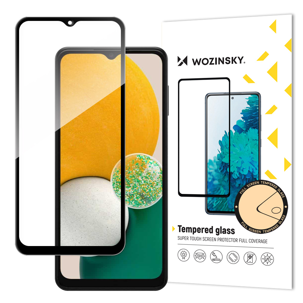 Telefon z osłoną ekranu, czarną ramką i pudełkiem.