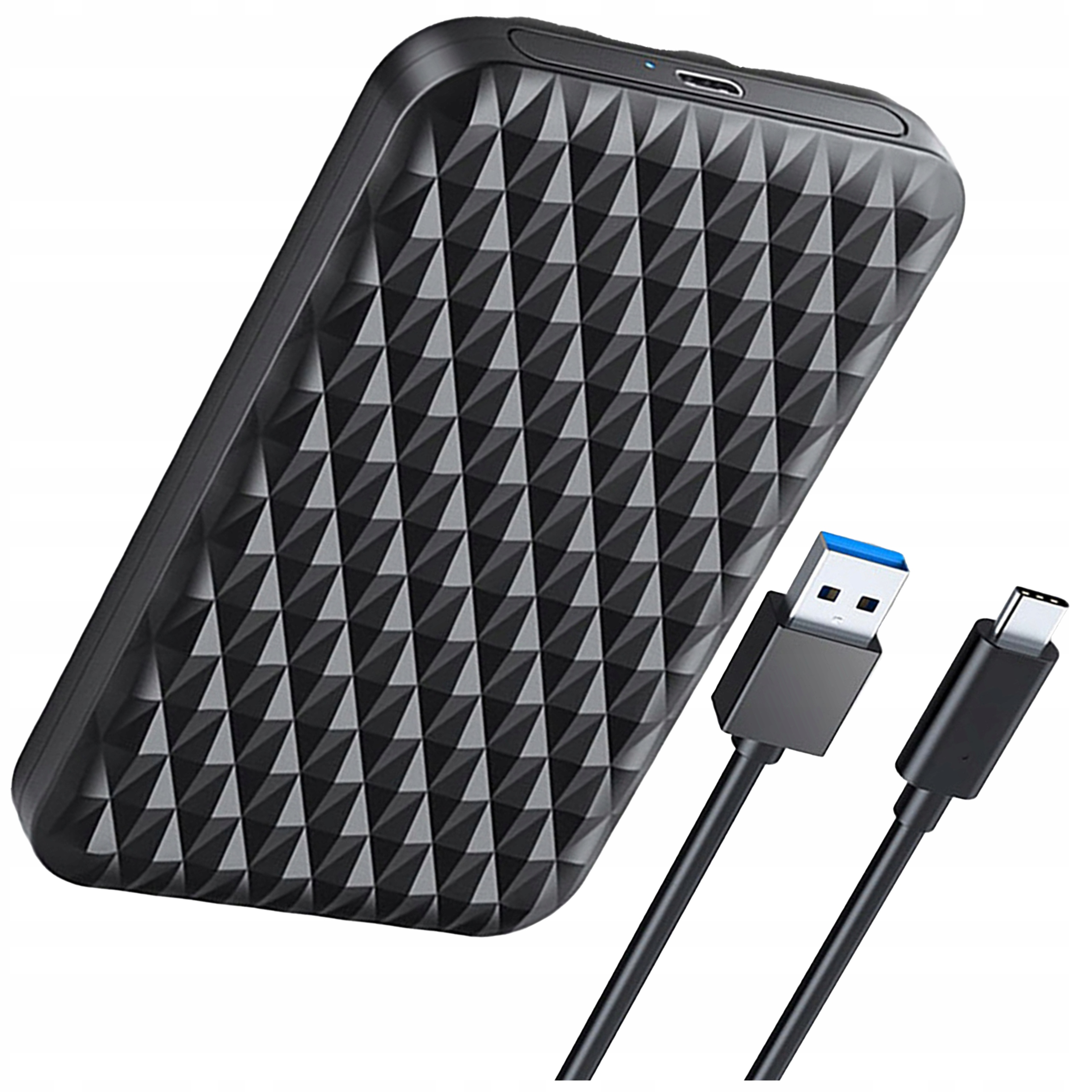 Czarny zewnętrzny dysk twardy z kablem USB i USB-C jest wyświetlany na białej powierzchni.
