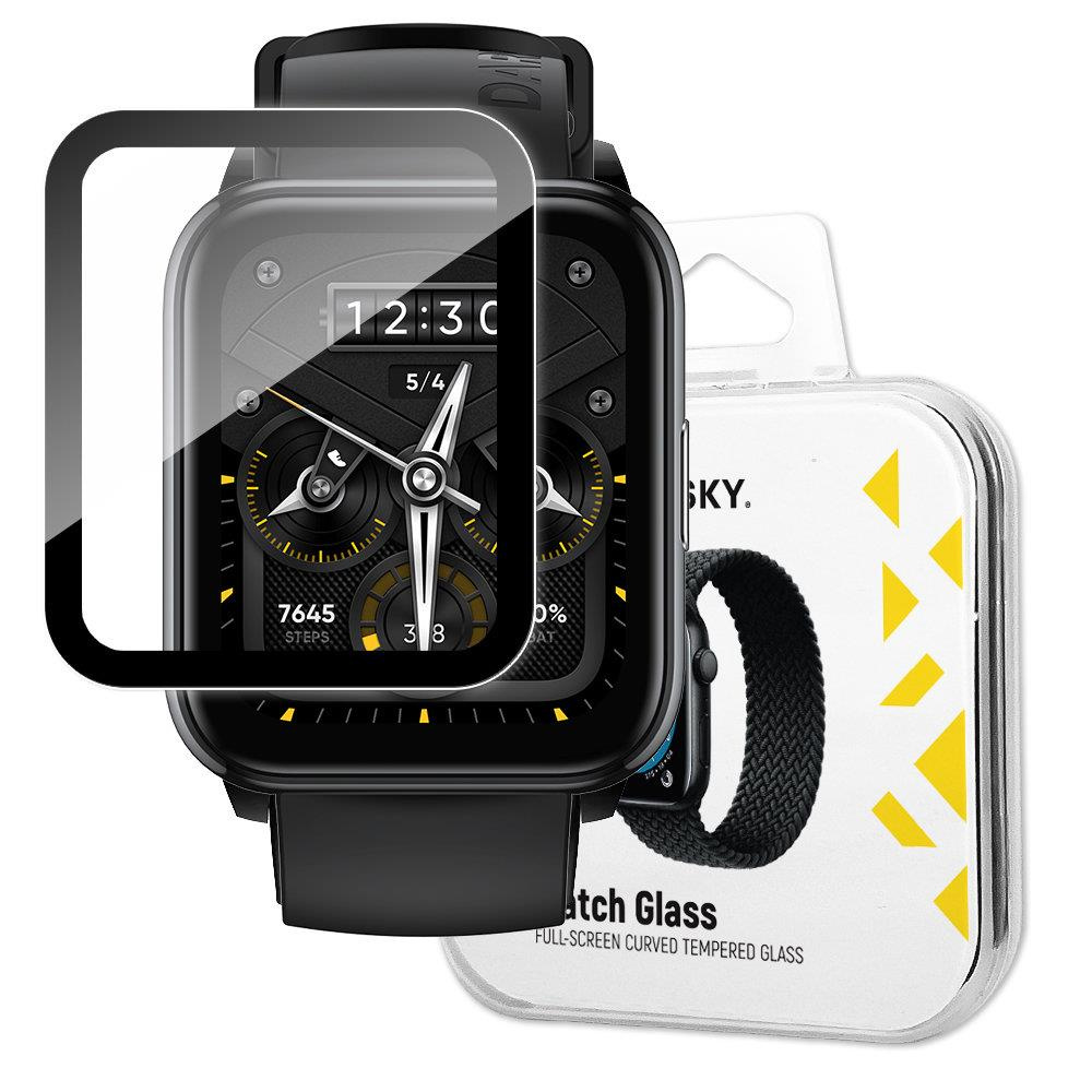 Smartwatch z ochraniaczem ekranu i opakowaniem, pokazujący zegarek i jego ekran.
