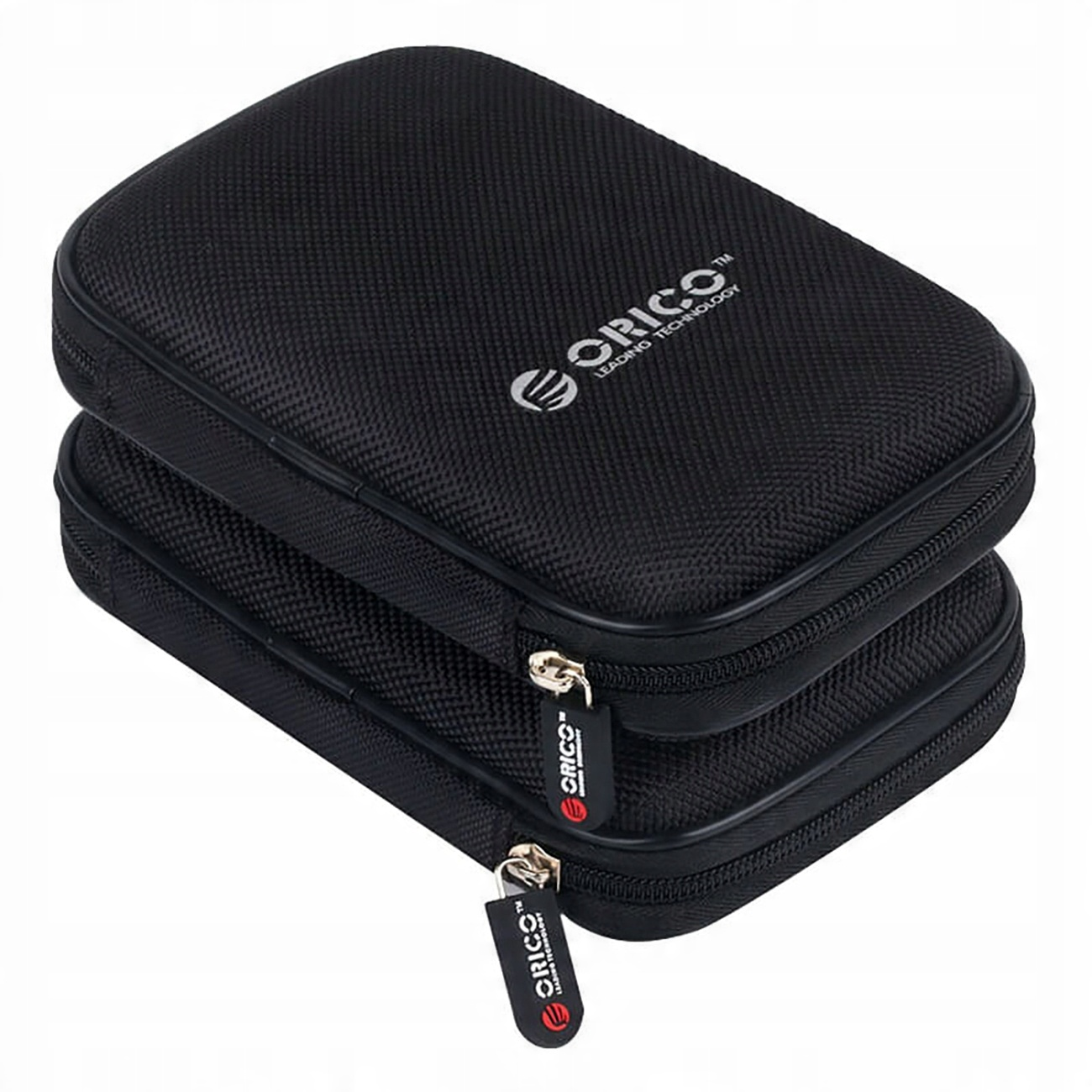 Due custodie nere con cerniera e logo Orico, progettate per riporre dispositivi elettronici o hard disk.