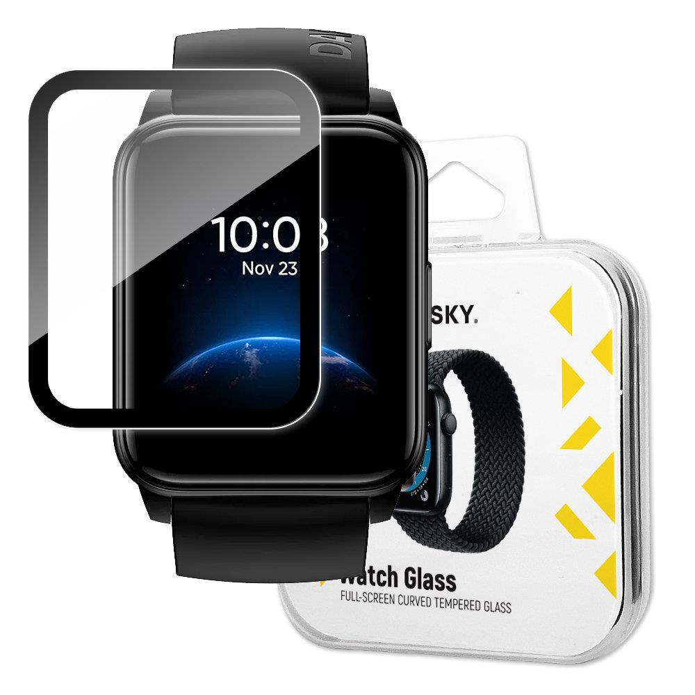 Smartwatch z osłoną ekranu i pudełkiem do pakowania pokazującym zegarek.