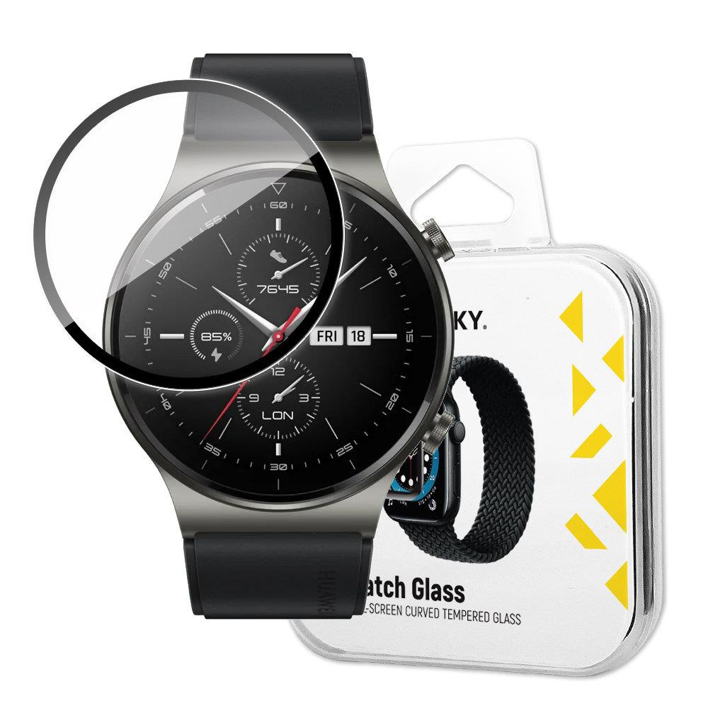 Smartwatch z nałożonym ochraniaczem ekranu, pokazujący tarczę zegarka i opakowanie ochraniacza.