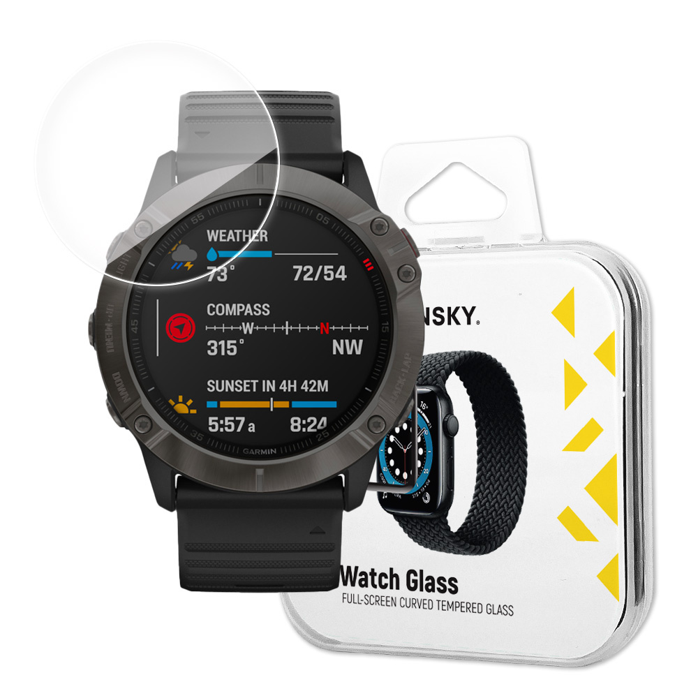 Smartwatch z nałożonym ochraniaczem ekranu, pokazujący dane pogodowe i opakowanie ochraniacza.