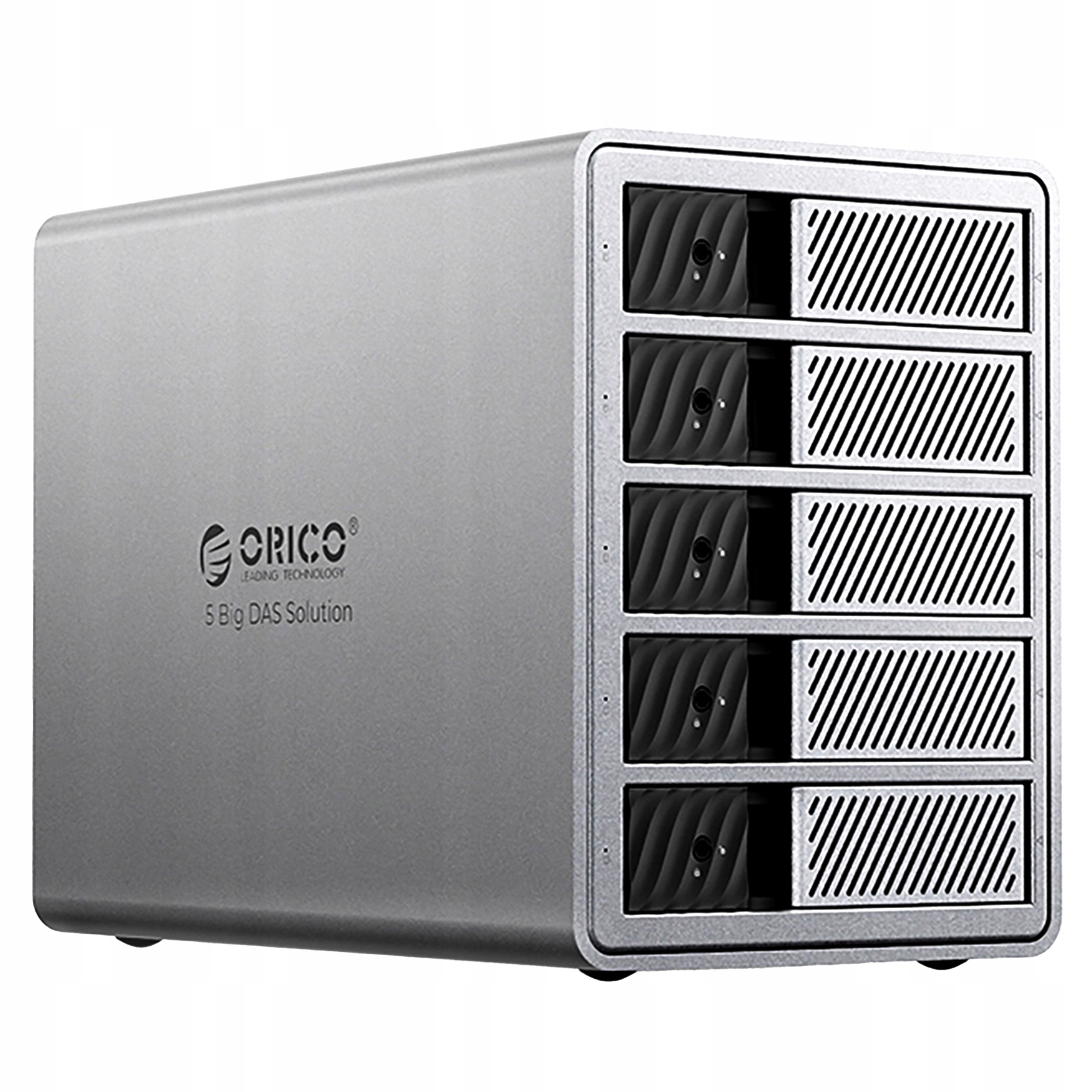 Srebrna obudowa zewnętrznego dysku twardego Orico. Posiada pięć zatok, przycisk zasilania i logo Orico.