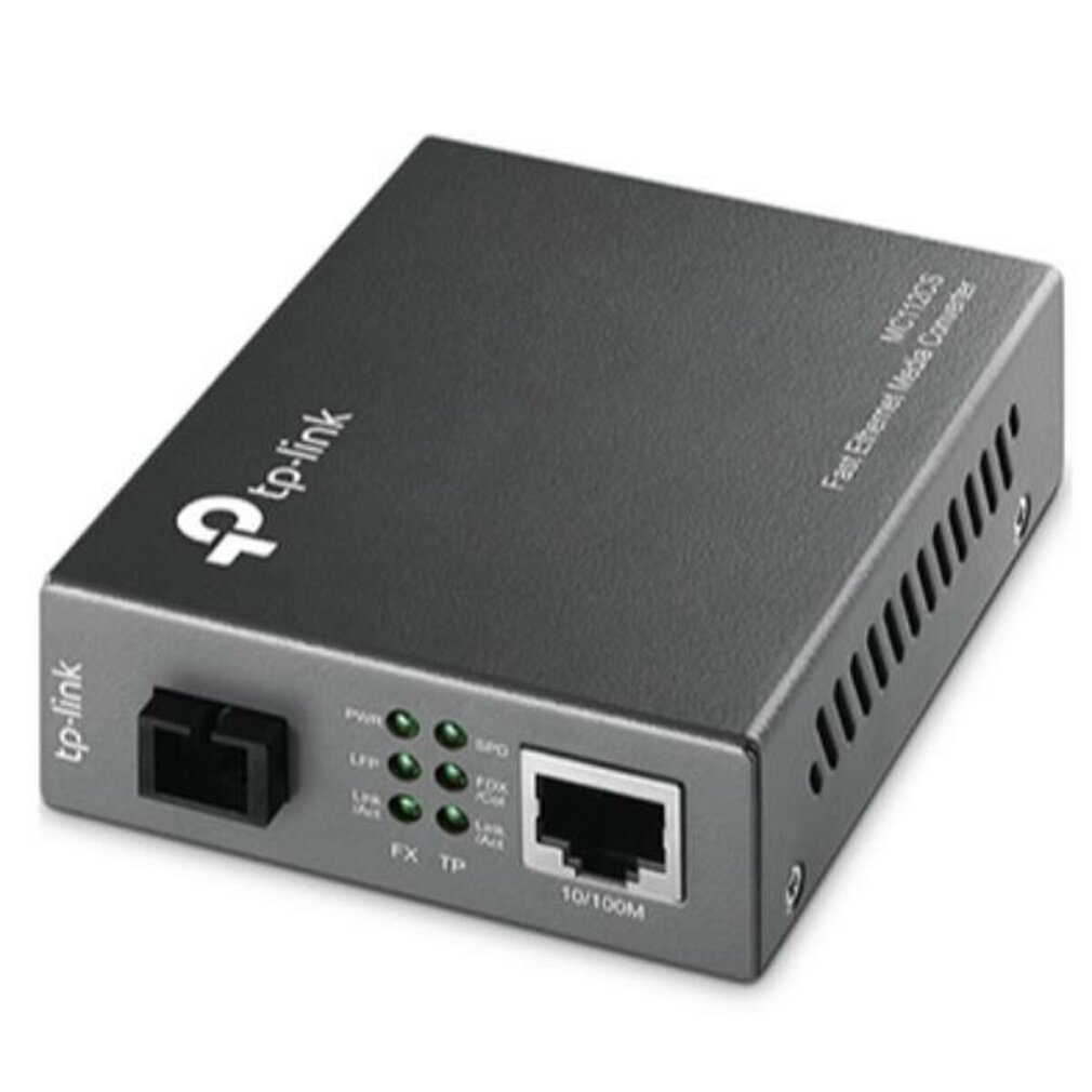 Een zwarte en grijze TP-Link Fast Ethernet Media Converter, met verschillende LED-indicatoren en RJ45- en SFP-poorten.