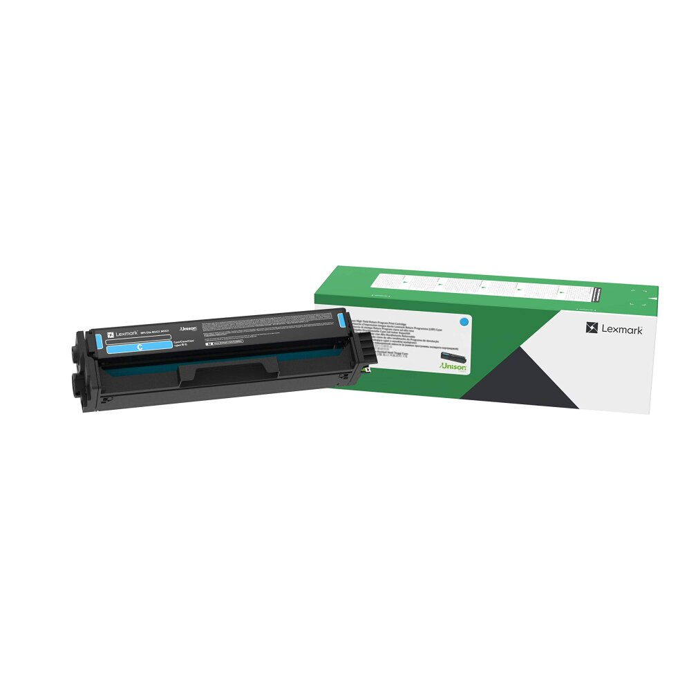 Una cartuccia toner Lexmark e la sua scatola. La scatola è verde e bianca. Il toner è blu e nero.
