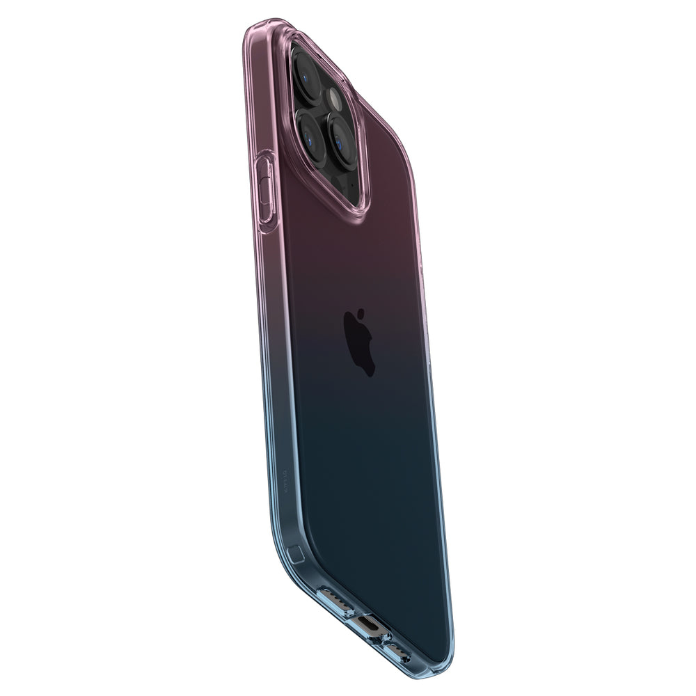 iPhone 14 Pro w gradientowym etui. Przechodzi od różu do czerni i błękitu. Widoczne logo Apple.