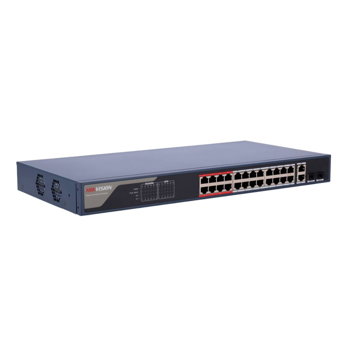 Uno switch di rete grigio-blu con più porte e un pannello frontale con etichette. Logo HIKVISION visibile.