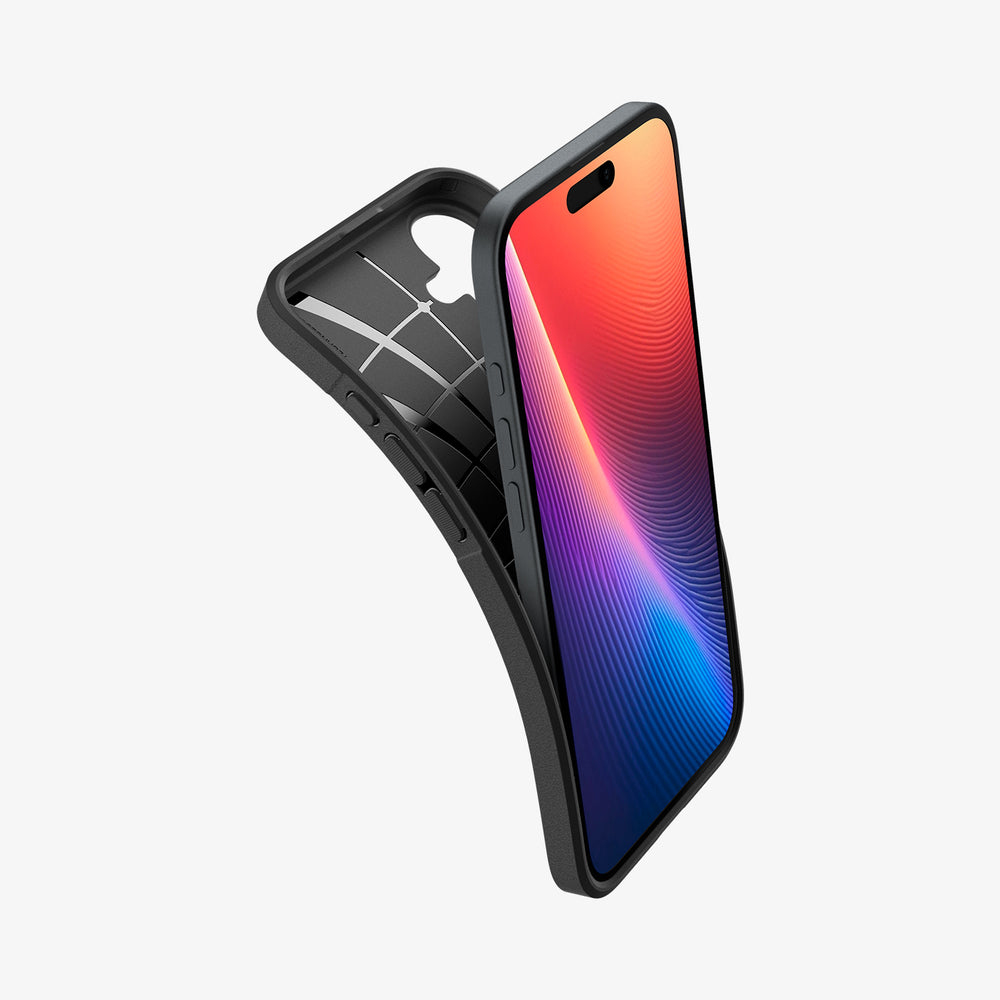 Czarna obudowa telefonu z częściowo włożonym telefonem, pokazującym kolorowy ekran, na białym tle.