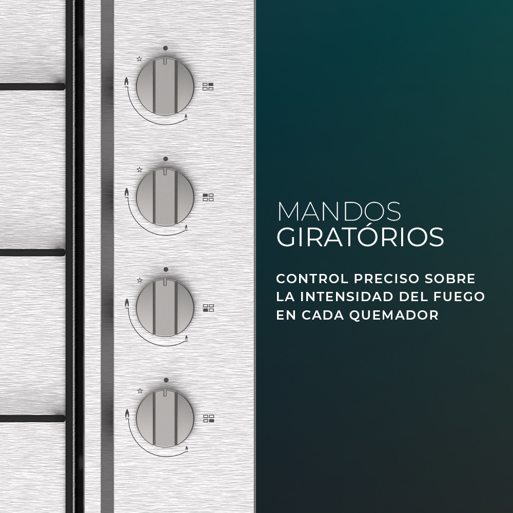 Primer plano de las perillas de la estufa, con texto "MANDOS GIRATORIOS" y descripción.