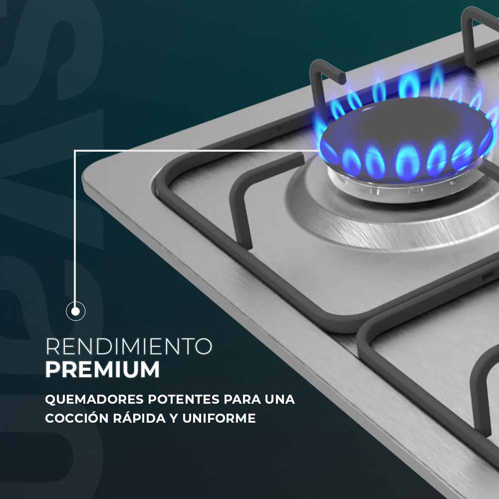 Primer plano de una cocina de gas con llamas azules. Texto: Rendimiento Premium. Quemadores potentes para una cocción rápida y uniforme.