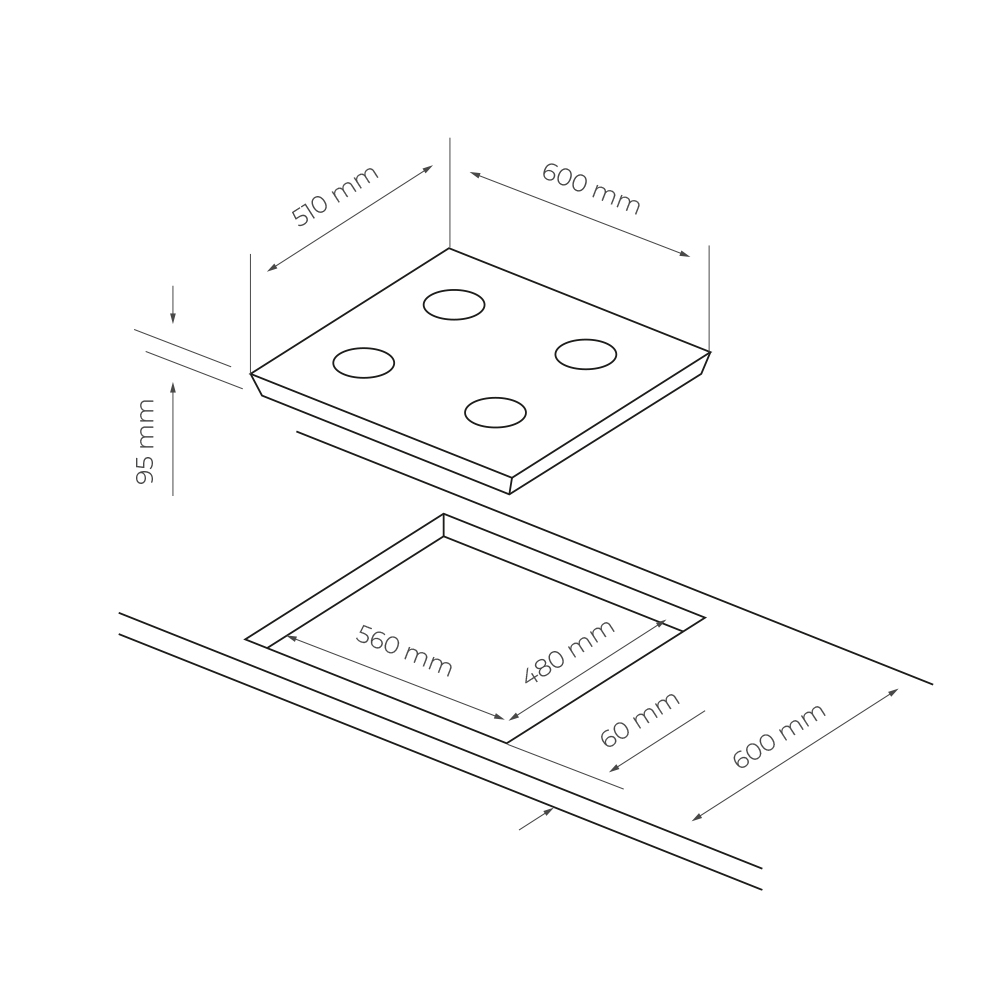 Un dibujo técnico isométrico de una encimera y sus dimensiones de recorte, en blanco y negro.