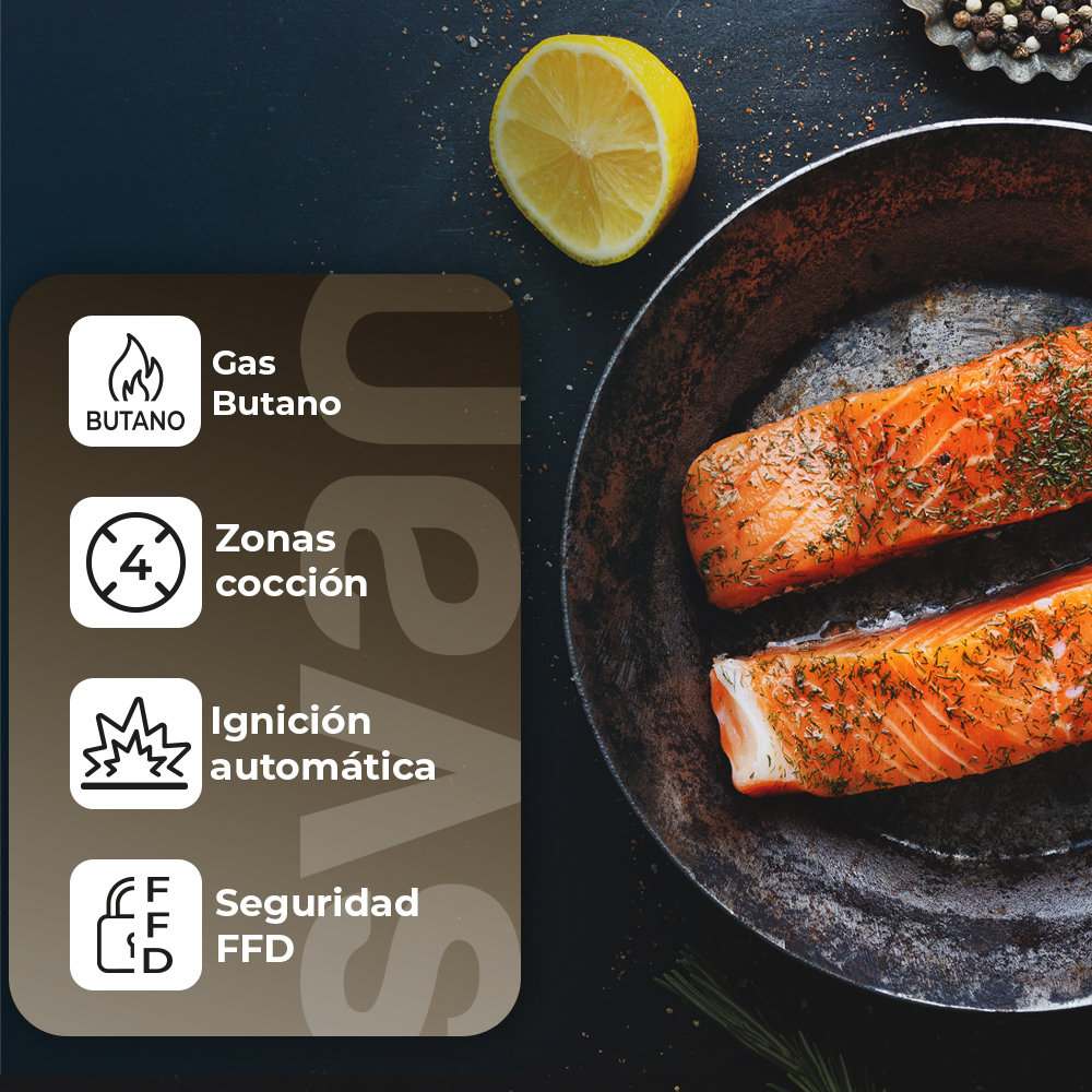 Filetes de salmón en sartén con limón e iconos sobre gas, zonas, encendido y seguridad.