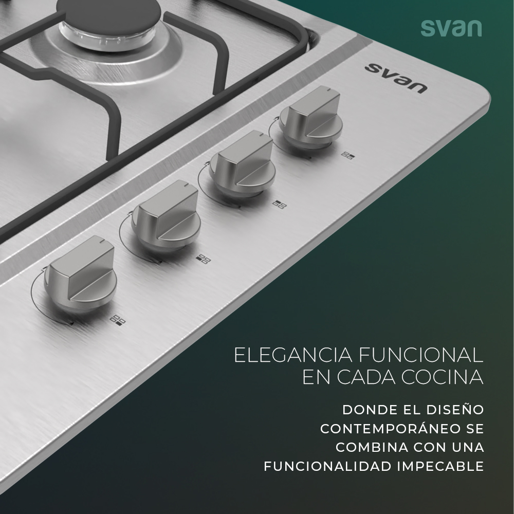 Primer plano de una encimera de acero inoxidable con tres perillas de control. Texto: Elegancia funcional en cada cocina. Marca Svan.