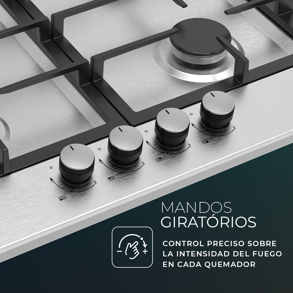 Primer plano de una estufa con mandos. El texto 'MANDOS GIRATORIOS' es visible.