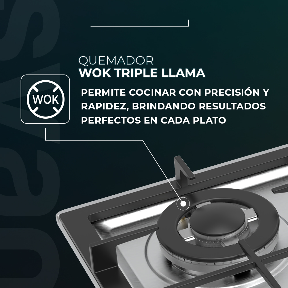 Primer plano de un quemador de estufa. El texto dice 'QUEMADOR WOK TRIPLE LLAMA'.
