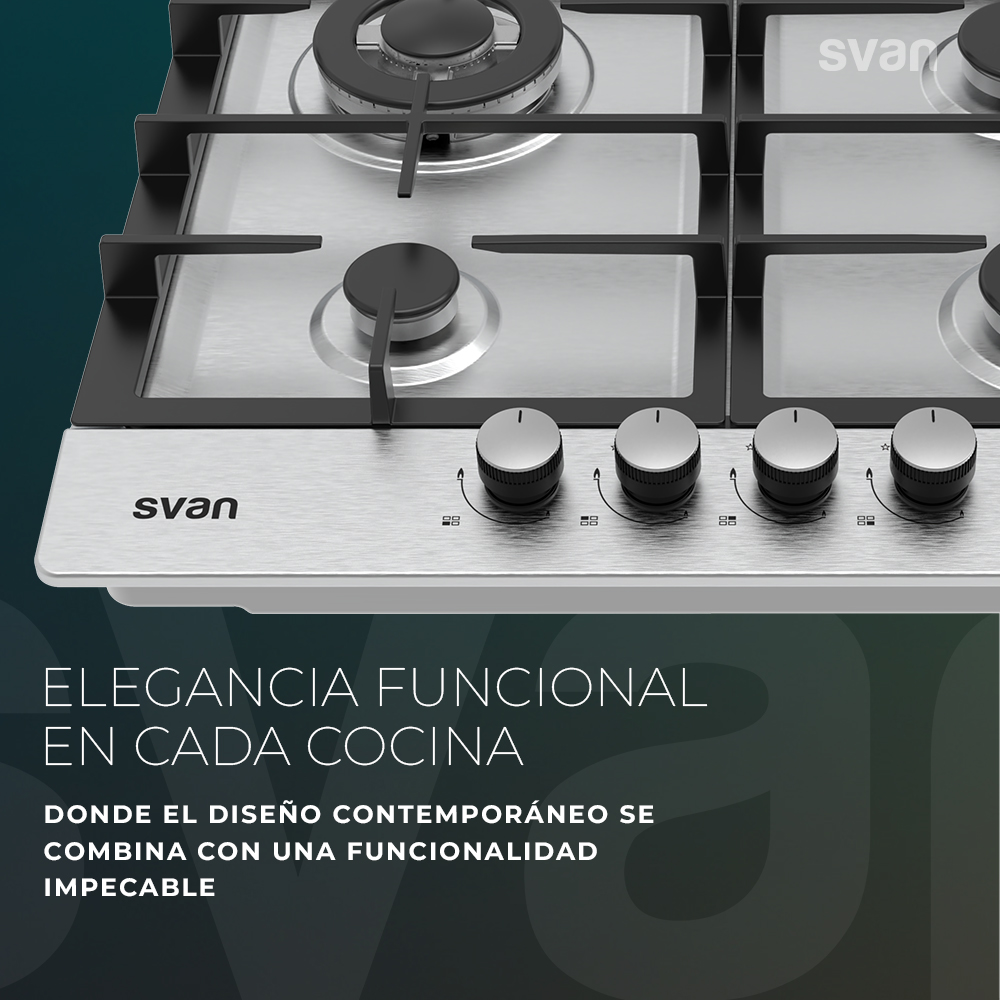 Encimera con quemadores y mandos. El texto dice 'ELEGANCIA FUNCIONAL EN CADA COCINA'.