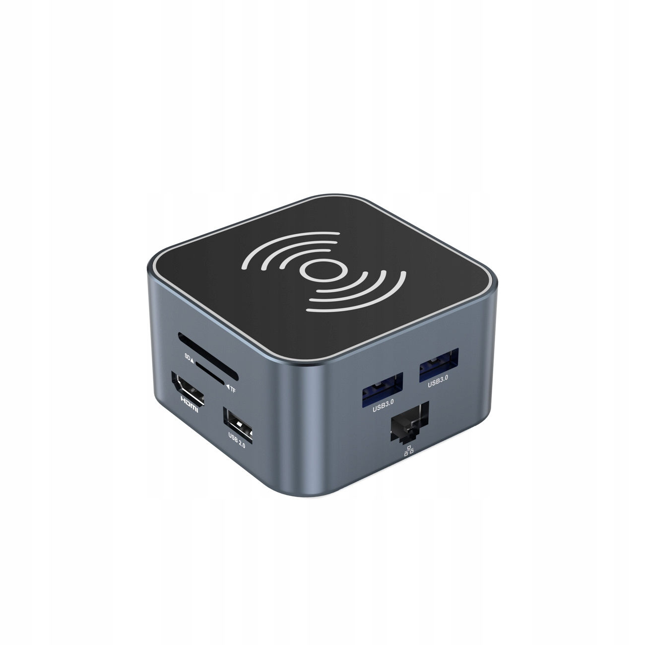 Małe szare kwadratowe urządzenie z wieloma portami. Widnieje na nim napis WOZINSKY.