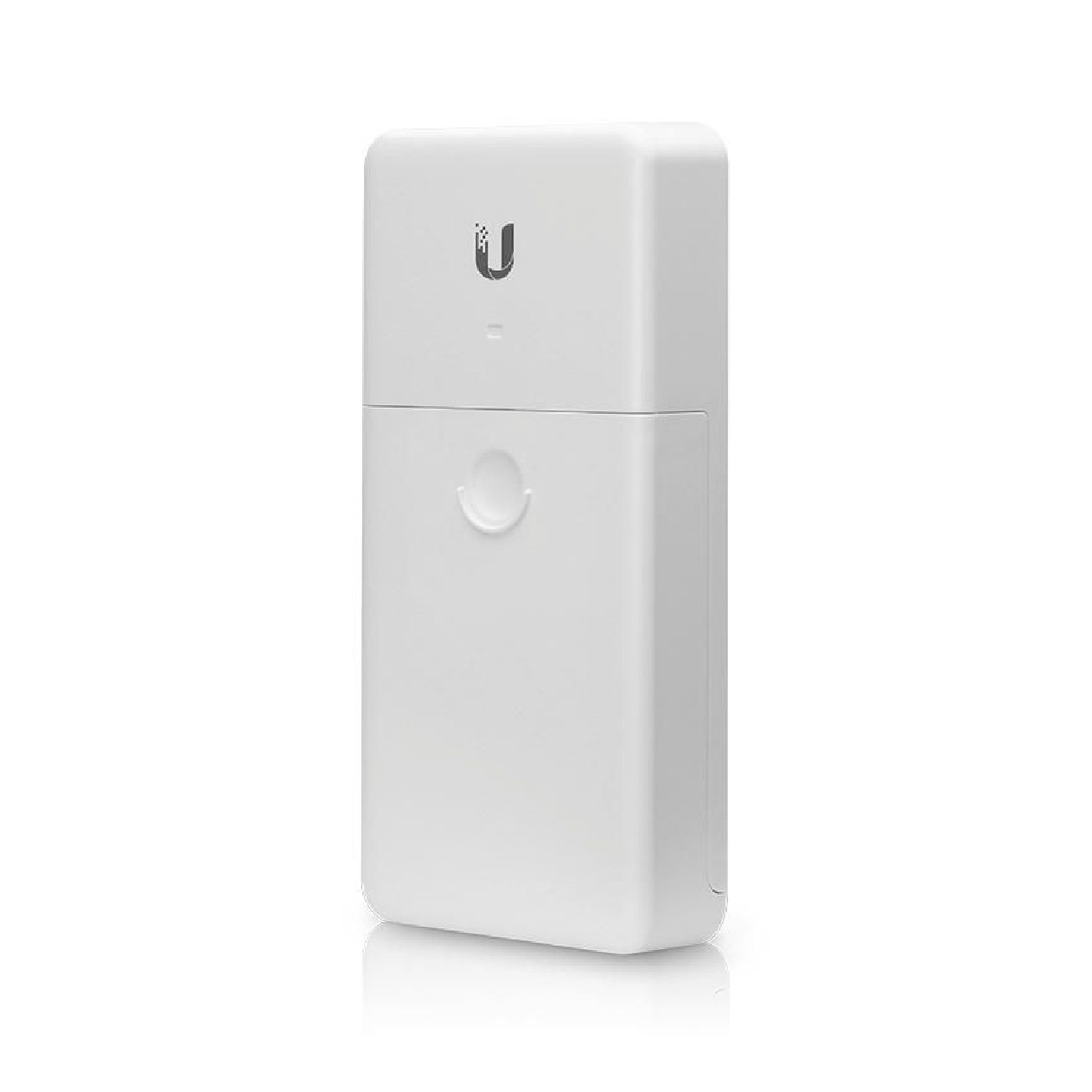 Un dispositivo rectangular blanco con un botón circular y un logotipo. Está de pie sobre un fondo blanco.
