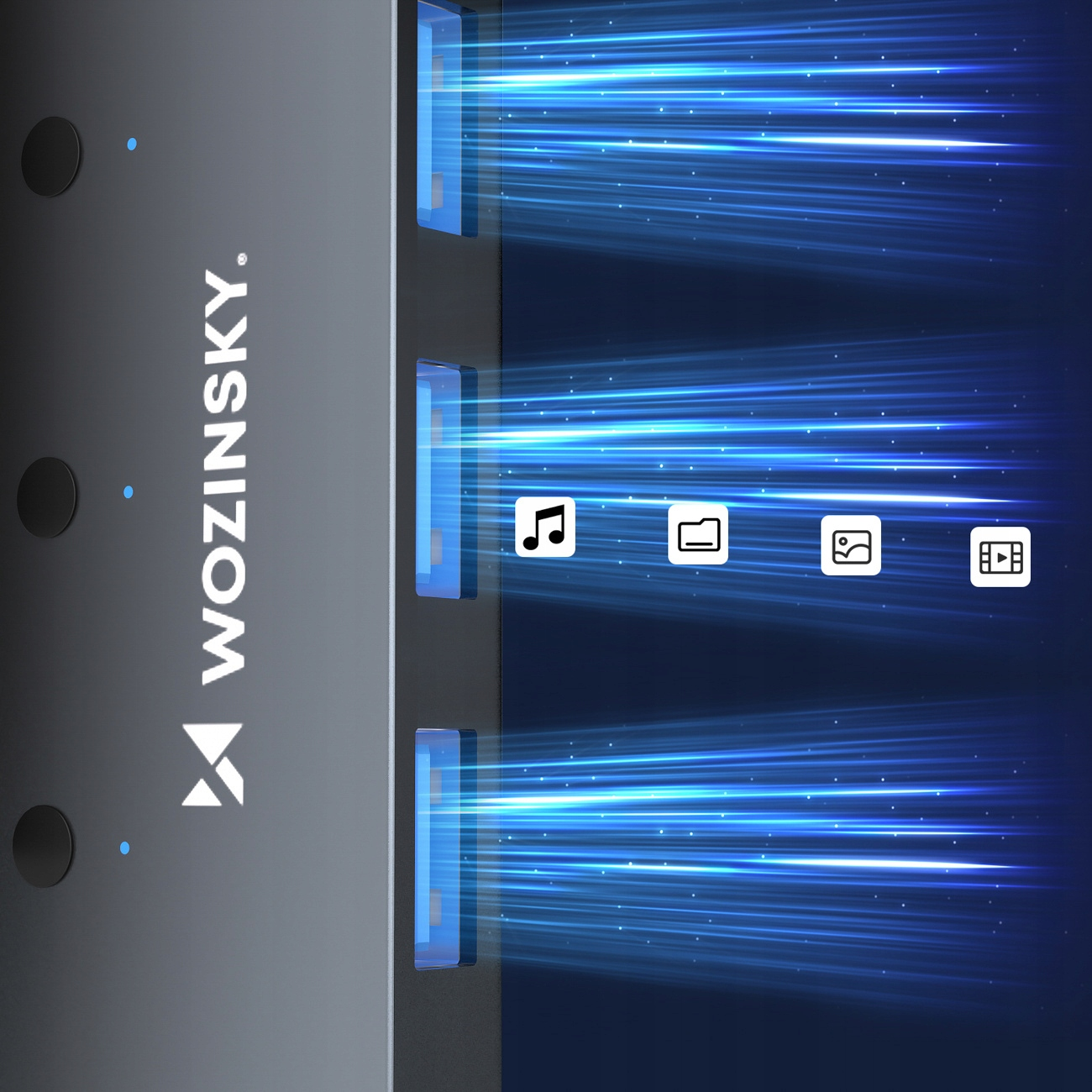 Hub USB z wieloma portami. Hub ma podświetlane na niebiesko porty i logo. Znajdują się ikony reprezentujące funkcje multimedialne.