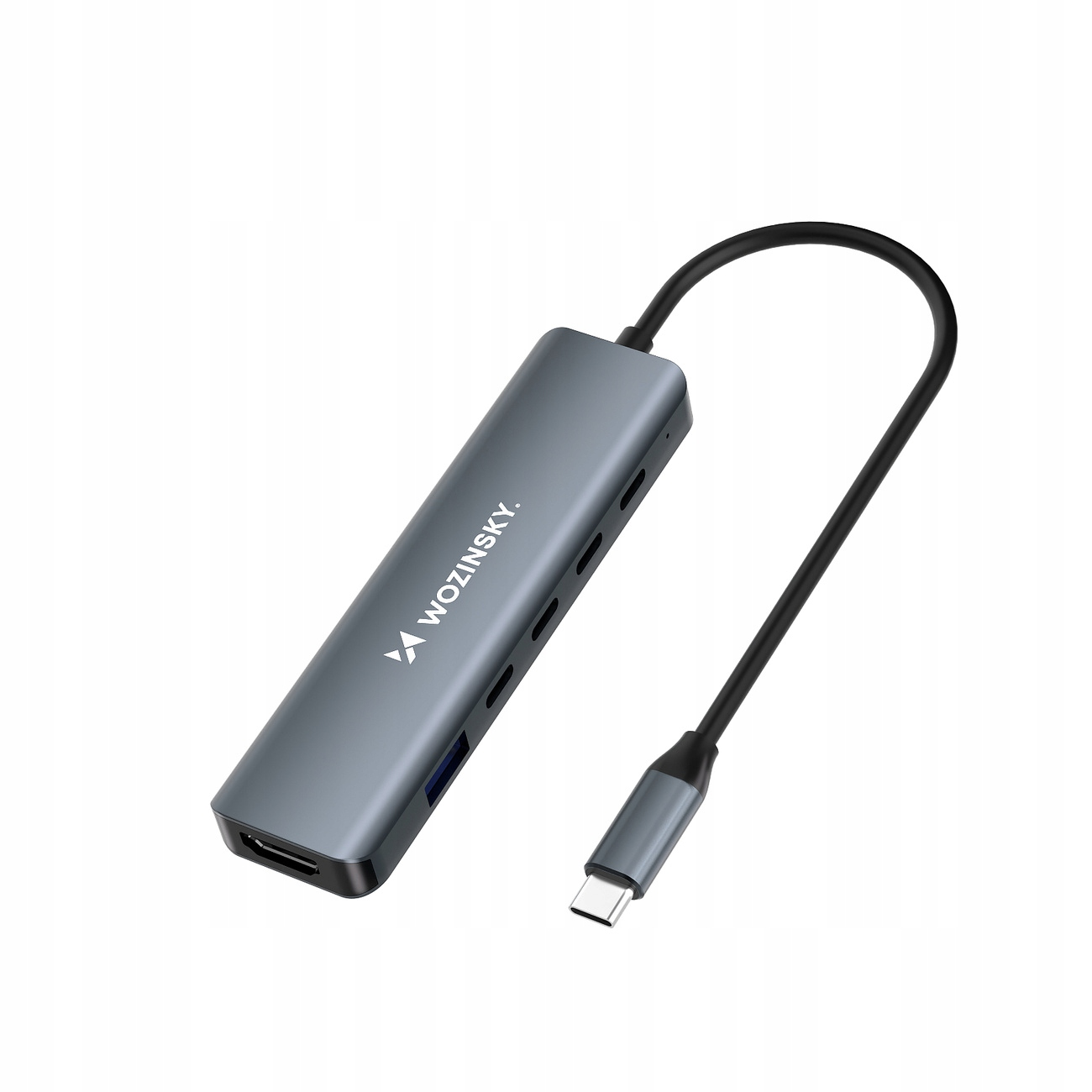 Szary hub USB-C z wieloma portami. Ma czarny kabel i złącze USB-C. Hub ma logo.