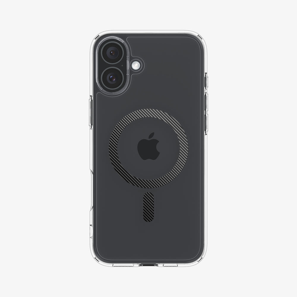 Przezroczyste etui na telefonie. Tył etui ma czarne logo Apple.