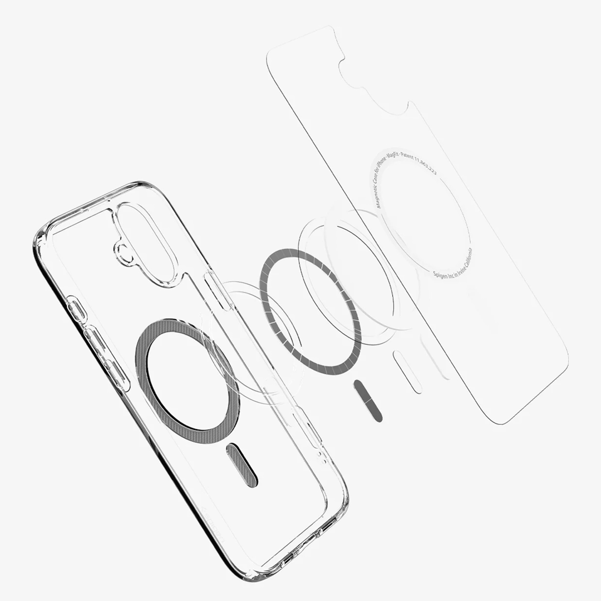 Przezroczyste etui na telefon i telefon. Etui jest otwarte, widoczne są elementy, w tym magnetyczny pierścień.