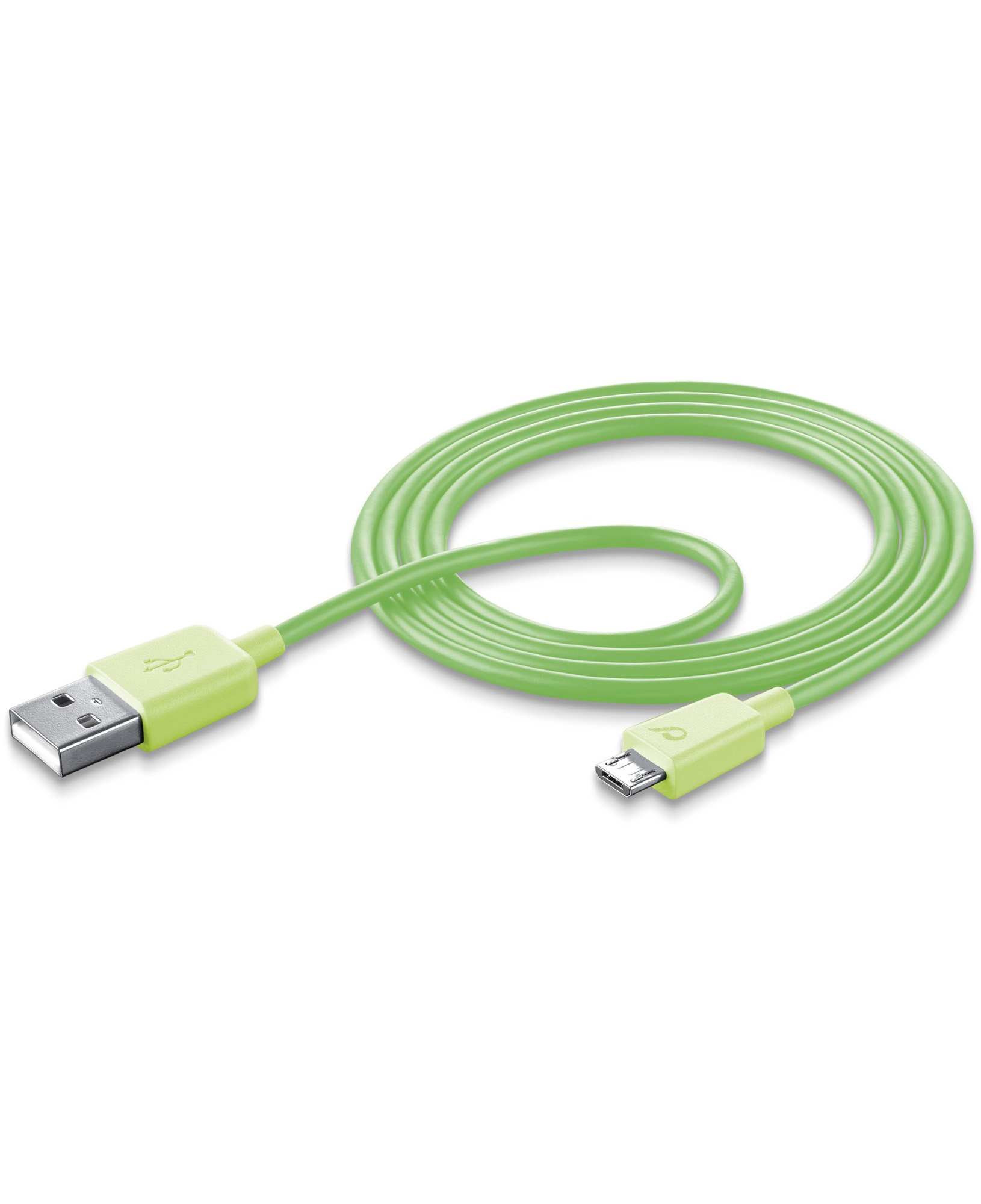 Cavo USB verde, avvolto, collegato a un connettore micro-USB verde.
