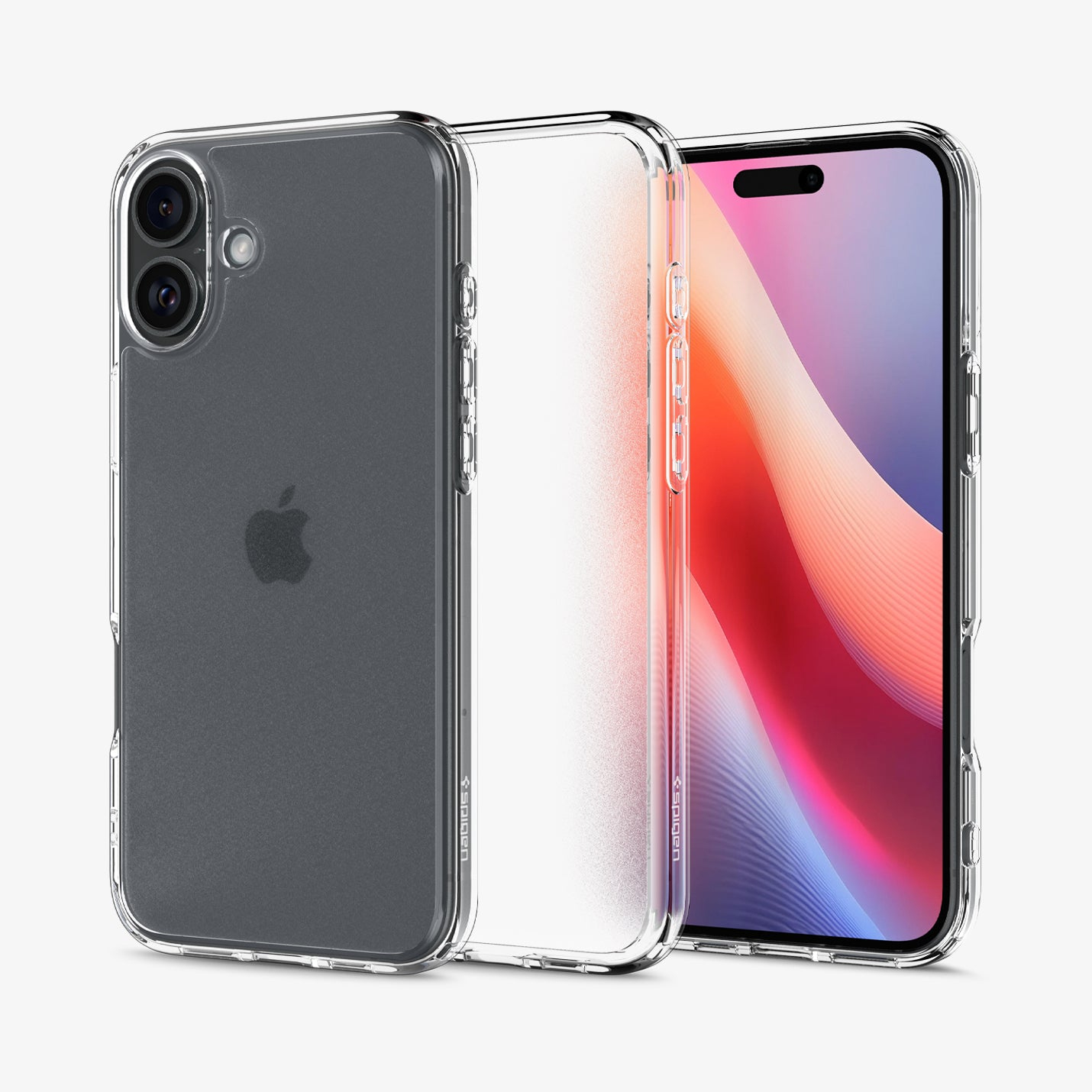 iPhone w przezroczystym etui, telefon ustawiony tak, aby pokazywać tył urządzenia.