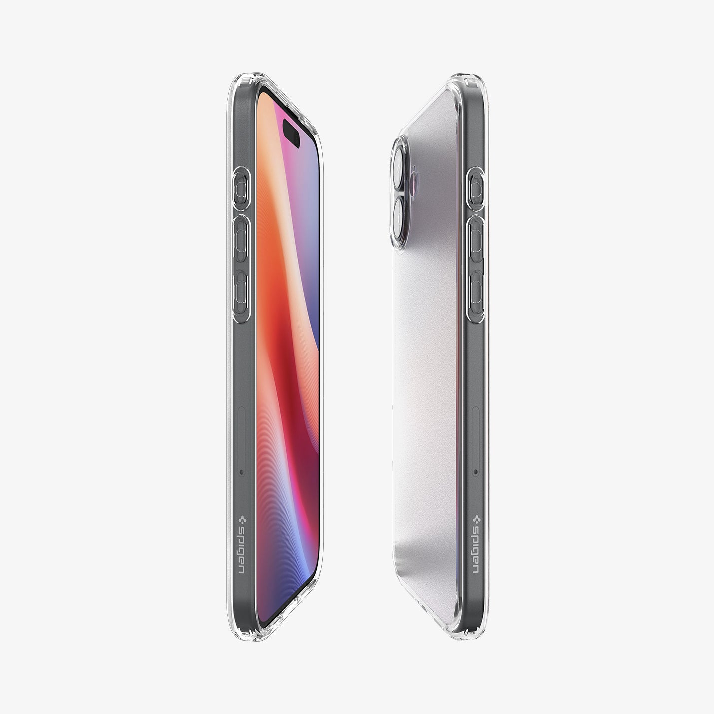 Dwa przezroczyste etui na telefon, po jednym z każdej strony. Etui mają ciemną obwódkę.