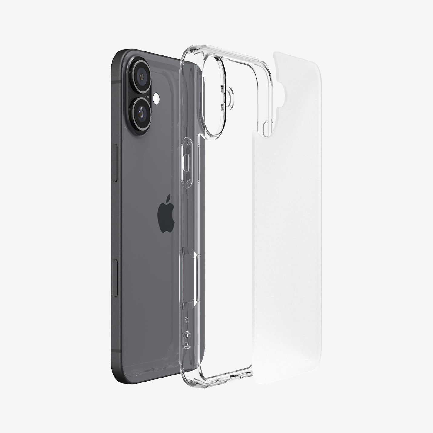 Telefon w przezroczystym etui, pokazujący tył, aparat i logo Apple. Rozłożone etui.