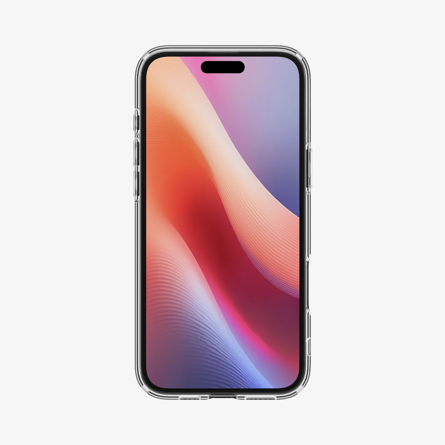 iPhone w przezroczystym etui, ekran pokazuje kolorowy, abstrakcyjny obraz.