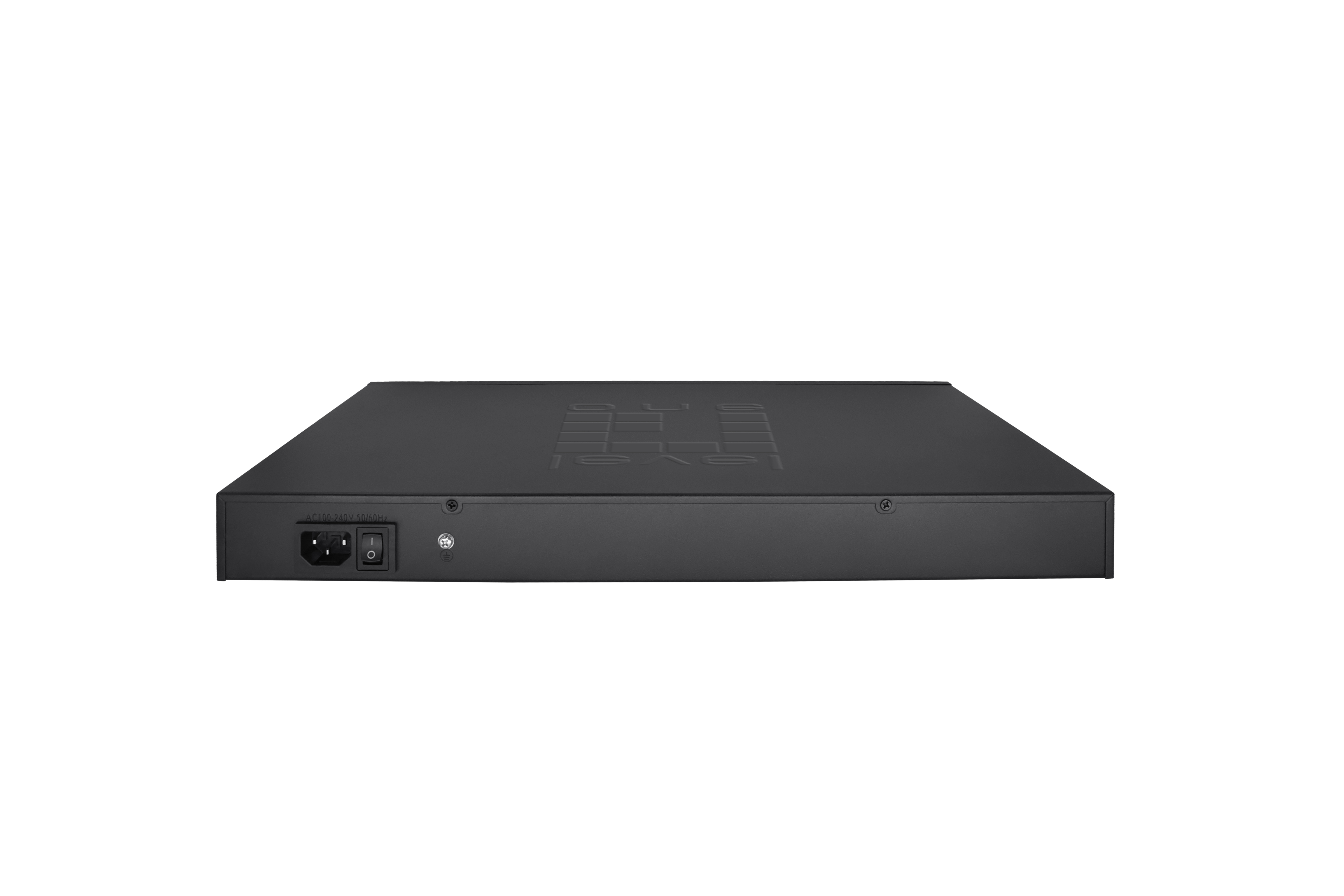 Un switch de red negro, visto desde atrás. Tiene un conector de alimentación y un botón de encendido. La marca no es visible.