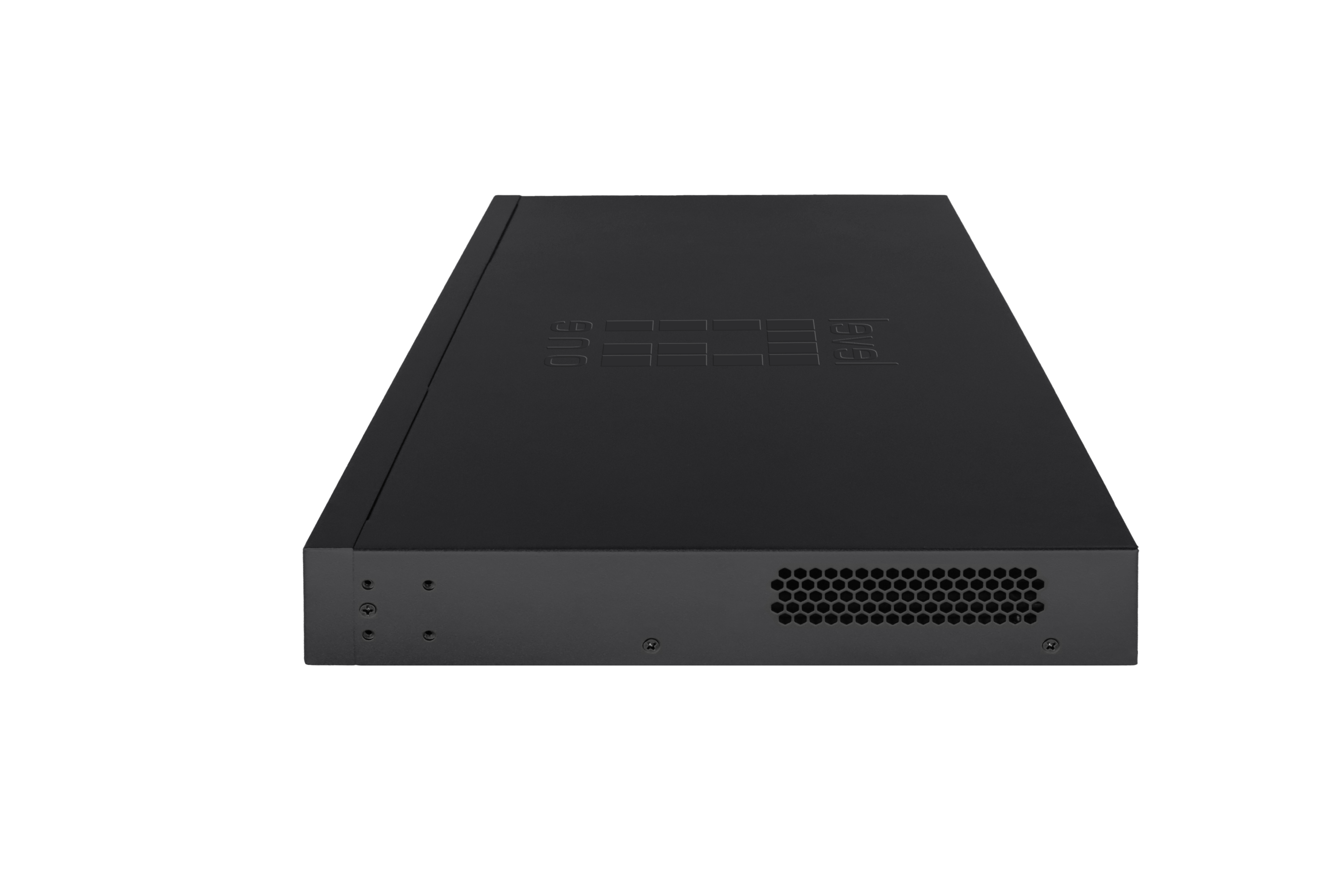 Un dispositivo de red negro con la palabra "Ubiquiti" en la parte superior, visto desde un ángulo lateral.