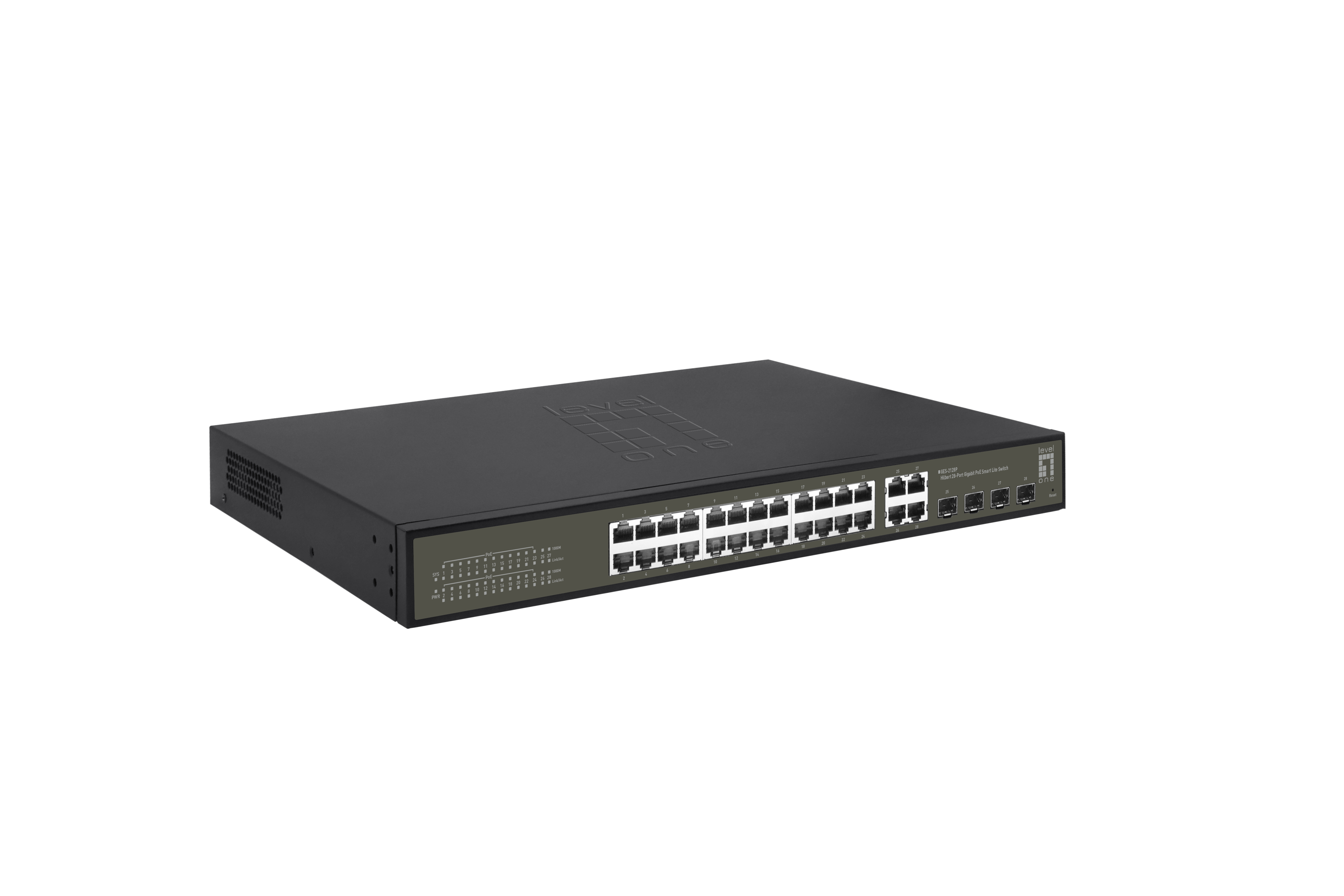 Un switch de red negro con múltiples puertos. Tiene luces indicadoras y un nombre de marca en el frente.