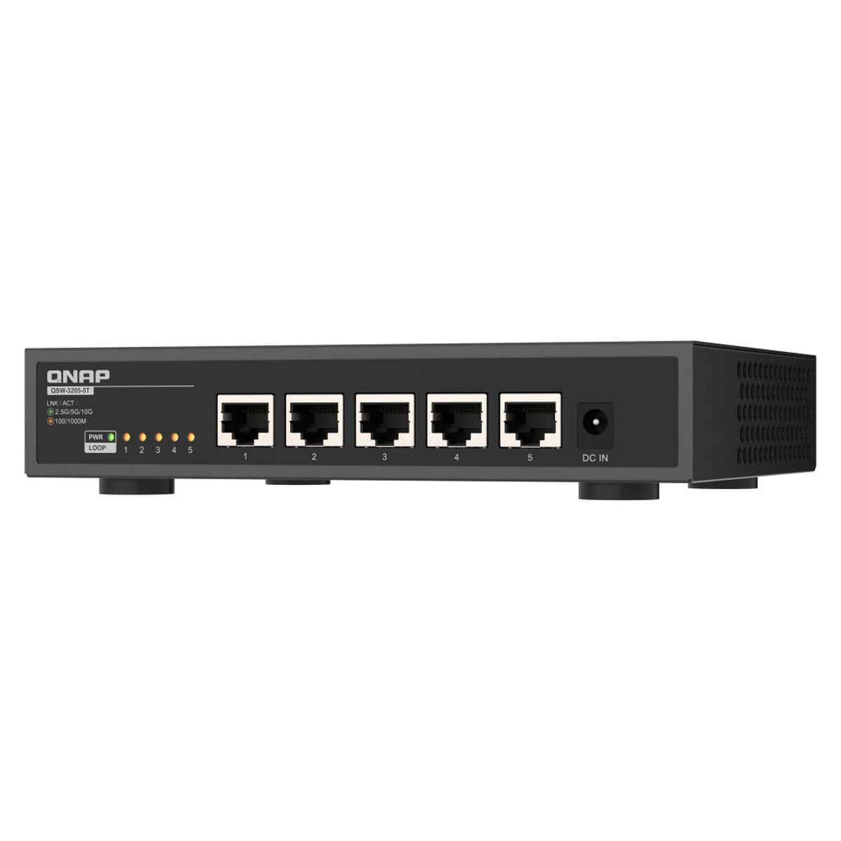 Czarny router QNAP z pięcioma portami, światłami i wejściem zasilania z przodu.