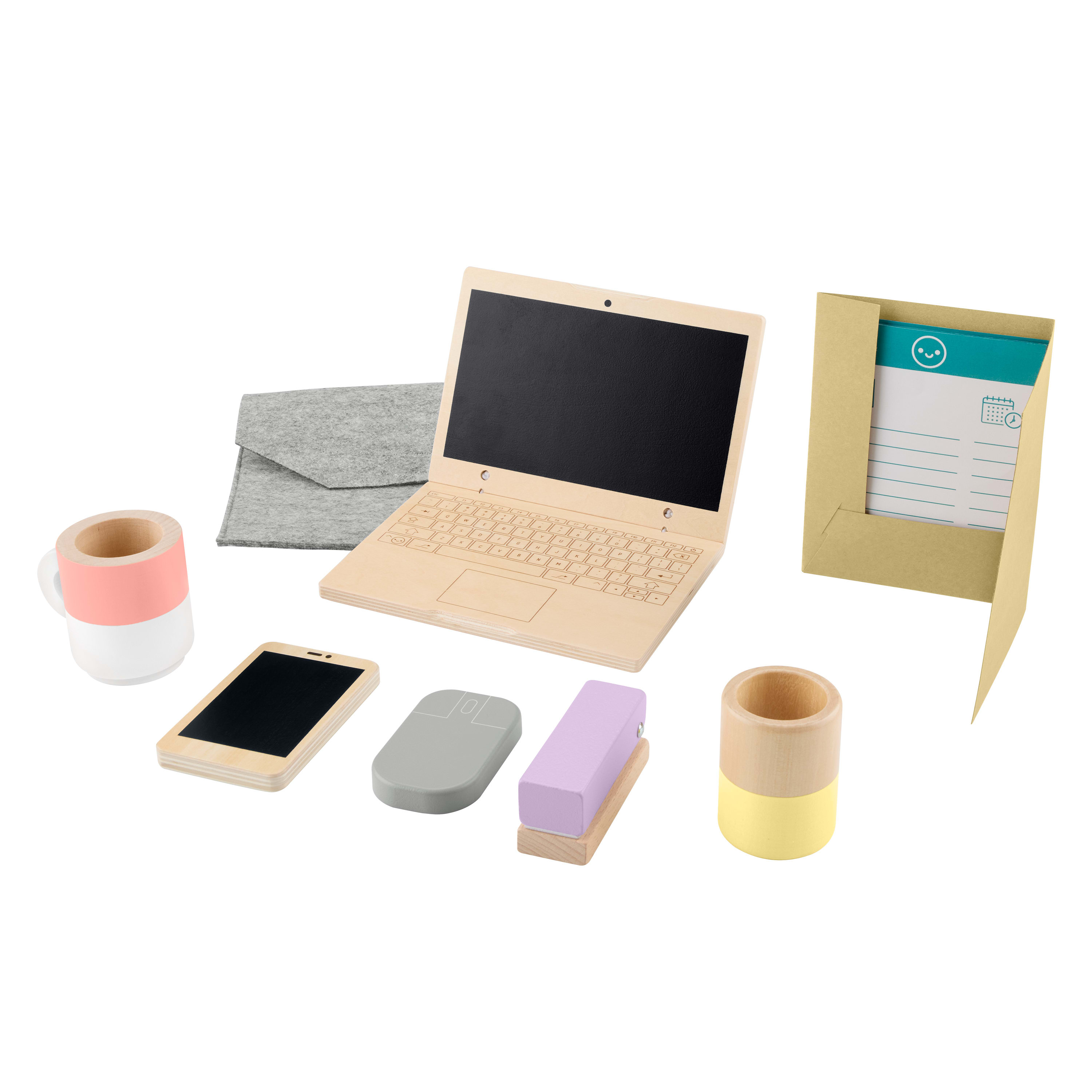 Drewniany zestaw zabawek Fisher-Price zawierający laptop, telefon, kubek i inne akcesoria o tematyce biurowej.