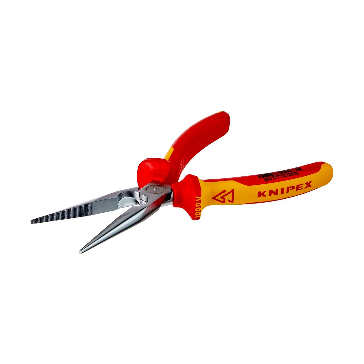 Szczypce Knipex z czerwono-żółtymi uchwytami z długimi, spiczastymi szczękami, odizolowane na białym tle.