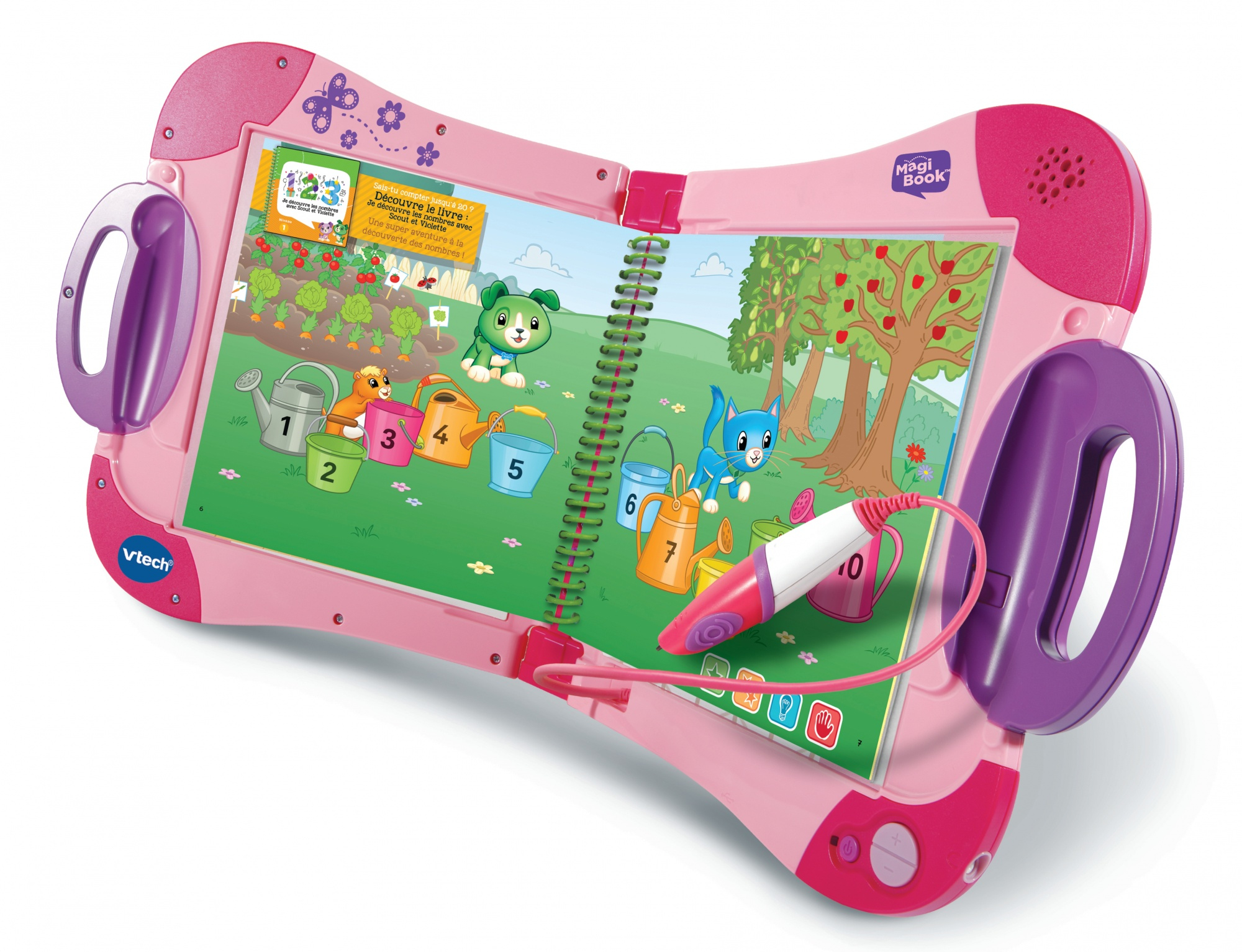 Ein pinkfarbenes MagiBook ist geöffnet und zeigt eine Gartenszene. Ein Stift liegt rechts.