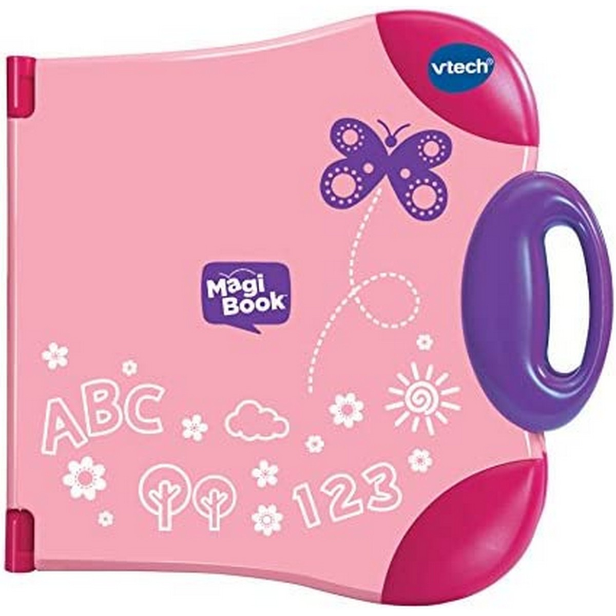 Ein geschlossenes, pinkfarbenes MagiBook-Spielzeug mit lila Griff und Schmetterlingsdesign.