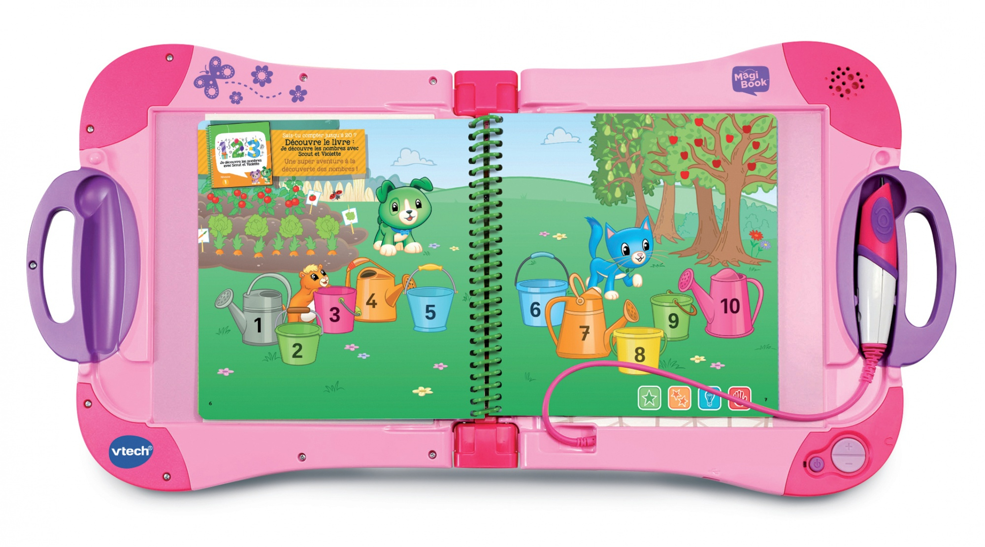 Ein pinkfarbenes MagiBook ist geöffnet. Ein Mädchen schaut es an und hält einen Stift.