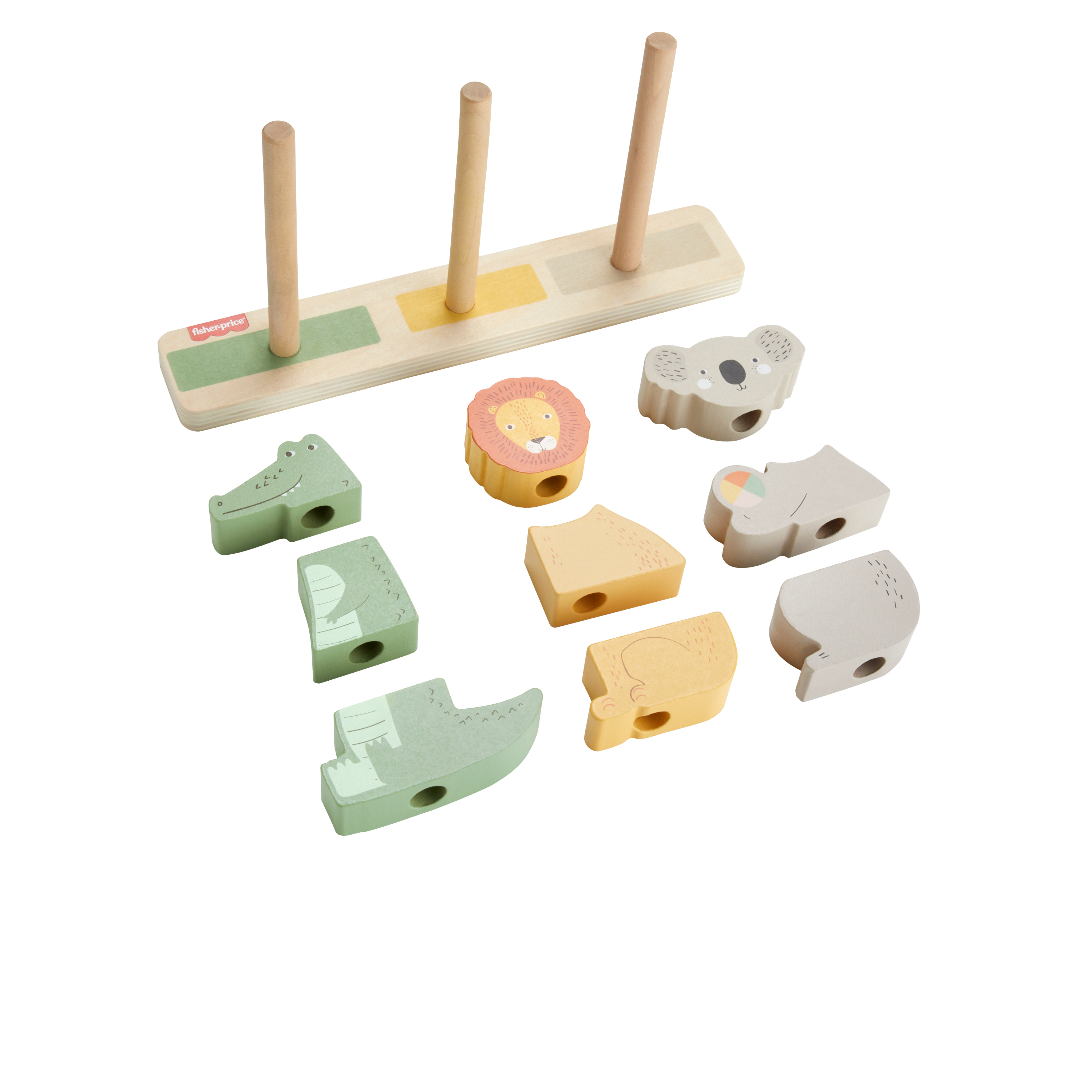 Giocattolo in legno con forme di animali per impilare. Include un coccodrillo, un leone e un koala.