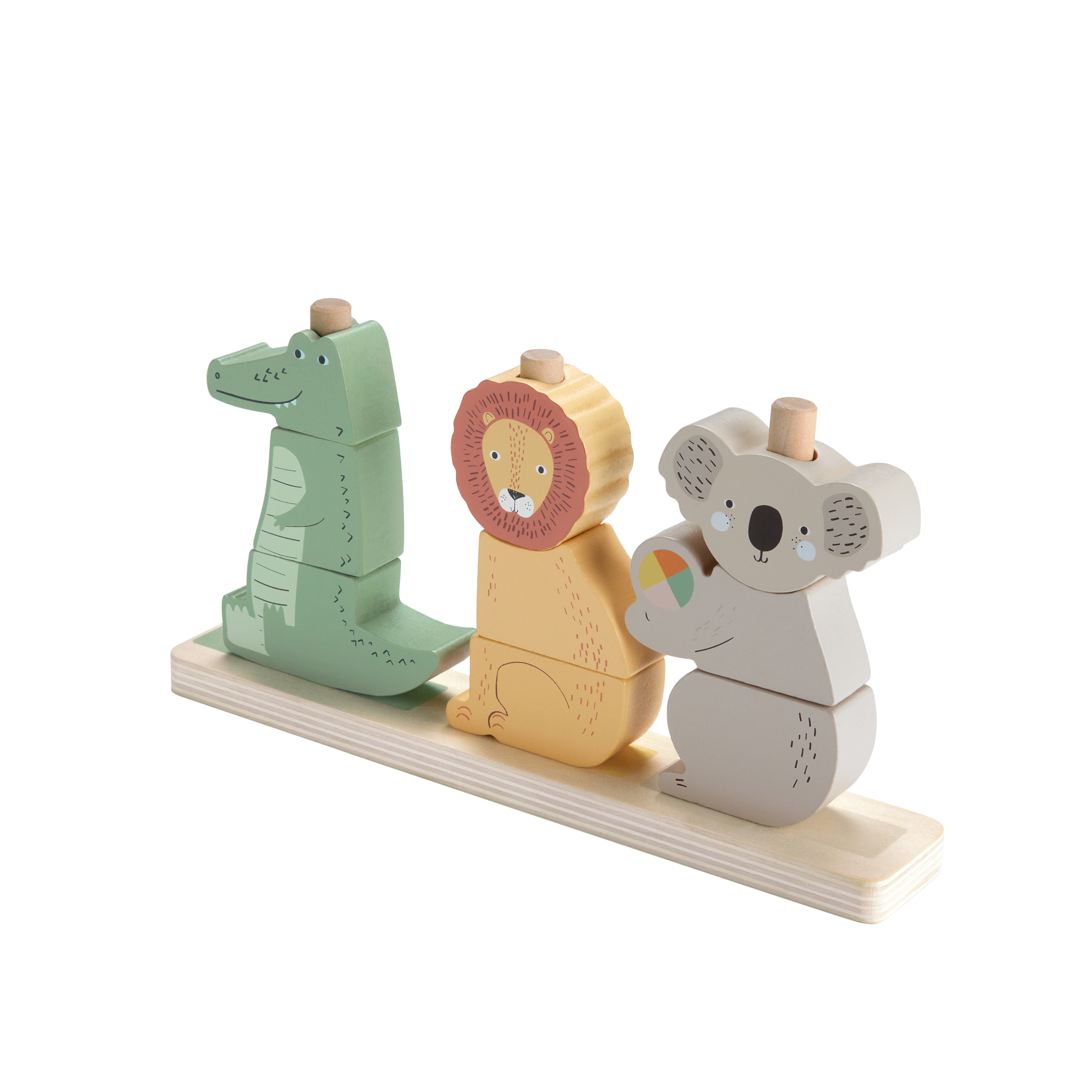 Set di giocattoli di animali in legno con un coccodrillo, un leone e un koala.